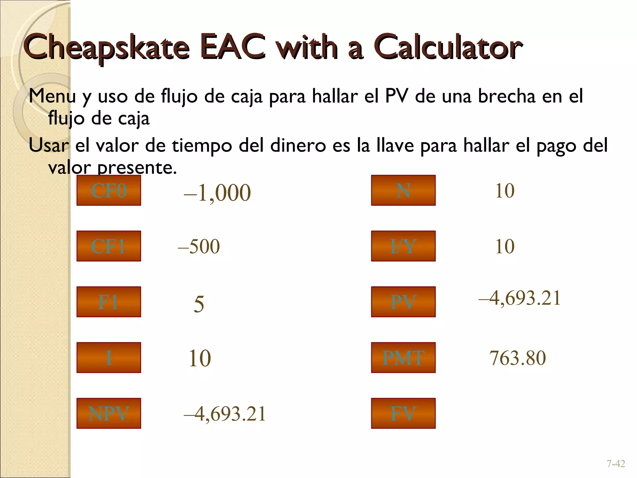 Cheapskate EAC with a Calculator Menu y uso de flujo de caja para hallar el PV de una brecha en el flujo de caja Usar el valor de tiempo del dinero es la llave para hallar el pago del valor presente. 7- 5 – 500 – 4,693.21 – 1,000 10 763.80 10 – 4,693.21 10 CF1 F1 CF0 I NPV PMT I/Y FV PV N PV 