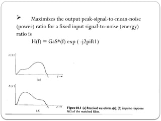  Maximizes the output peak-signal-to-mean-noise
(power) ratio for a fixed input signal-to-noise (energy)
ratio is
H(f) = GaS*(f) exp ( -j2pift1)
 