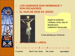 LOS HUMANOS SON HERMANOS Y SON PECADORES EL HIJO DE DIOS ES JESÚS EL TIEMPO ES LINEAL Según la tradición cristiana, Jesús vino al mundo para redimirnos del pecado. Cristo pintado por Zurbarán Año 0. Nac. Jesús Mu. Jesús Apocalipsis Creación 