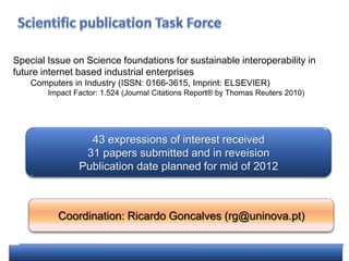 Special Issue on Science foundations for sustainable interoperability in
future internet based industrial enterprises
    Computers in Industry (ISSN: 0166-3615, Imprint: ELSEVIER)
        Impact Factor: 1.524 (Journal Citations Report® by Thomas Reuters 2010)




                  43 expressions of interest received
                 31 papers submitted and in reveision
                Publication date planned for mid of 2012



          Coordination: Ricardo Goncalves (rg@uninova.pt)


                                                                                  1
 