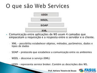    Comunicação entre aplicações de WS usam 4 camadas que
    empacotam a requisição e a resposta entre o servidor e o cliente.

    ◦   XML – possibilita estabelecer objetos, métodos, parâmetros, dados e
        tipos de dados

    ◦   SOAP – protocolo que estabelece a comunicação entre os ambientes

    ◦   WSDL – descreve o serviço (XML)

    ◦   UDDI – representa service broker. Contém as descrições dos WS.

                                      Prof. Adriano Teixeira de Souza
 