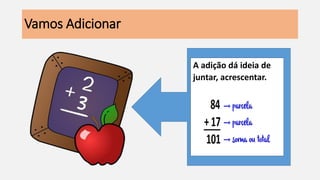 Vamos Adicionar
A adição dá ideia de
juntar, acrescentar.
 
