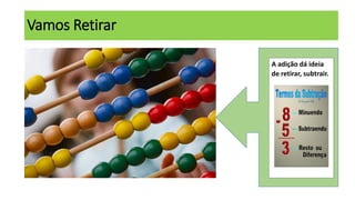 Vamos Retirar
A adição dá ideia
de retirar, subtrair.
 