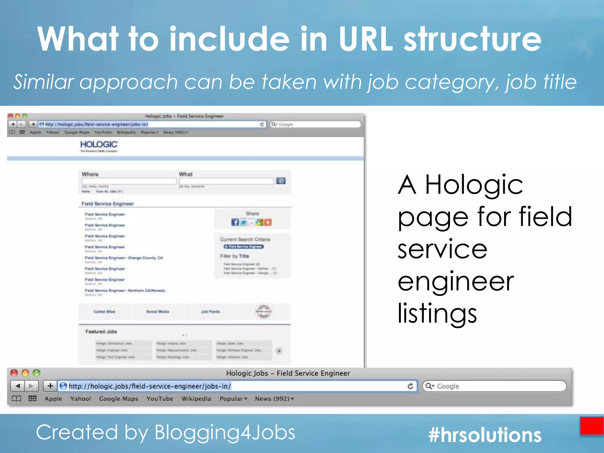 What to include in URL structure
Similar approach can be taken with job category, job title

A Hologic
page for field
service
engineer
listings

Created by Blogging4Jobs
Created by Blogging4Jobs

#hrsolutions
#hrsolutions
#hrsolutions

 