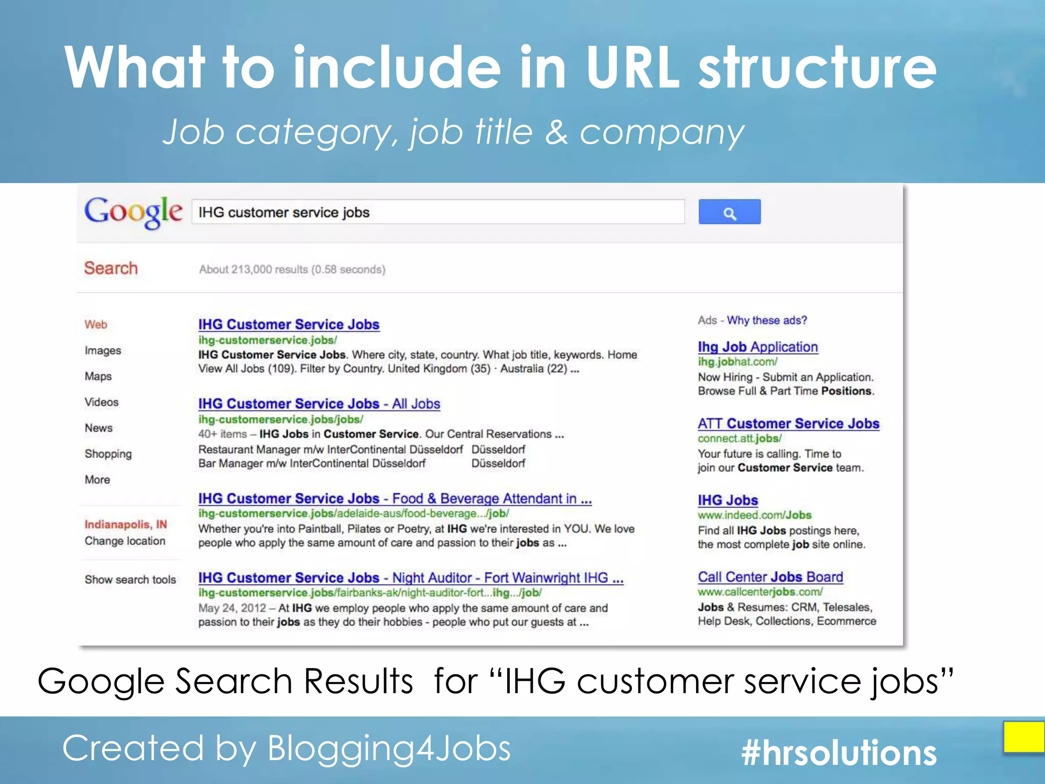 What to include in URL structure
Job category, job title & company

Google Search Results for “IHG customer service jobs”
Created by Blogging4Jobs
Created by Blogging4Jobs

#hrsolutions
#hrsolutions
#hrsolutions

 