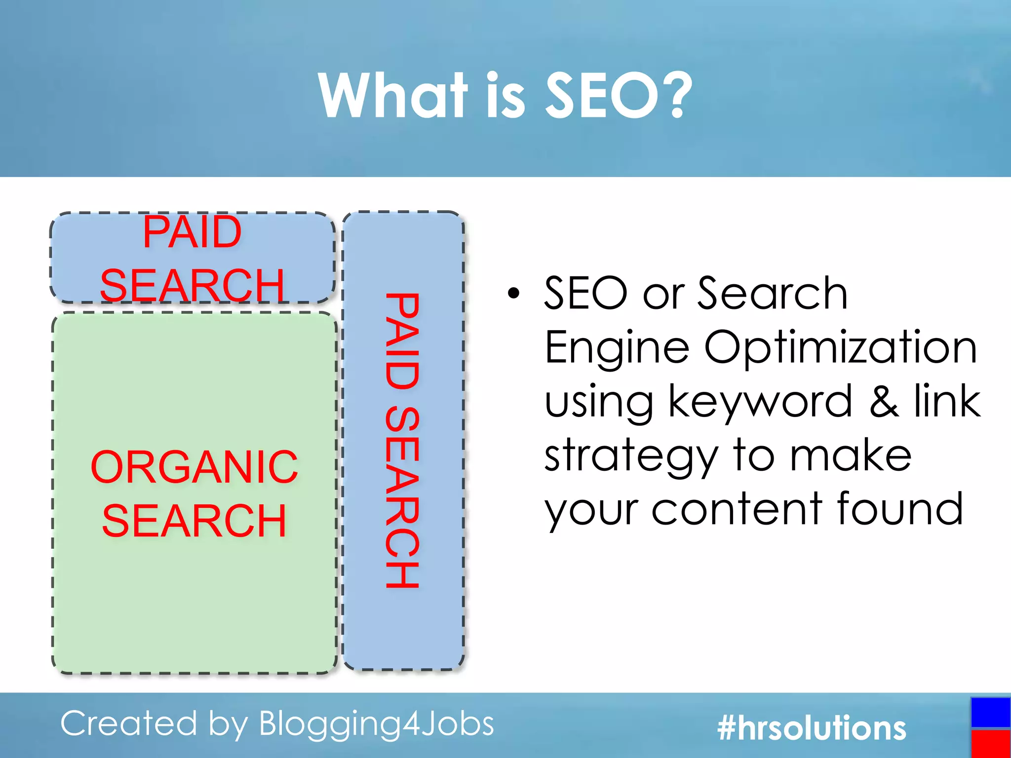 What is SEO?

ORGANIC
SEARCH

PAID SEARCH

PAID
SEARCH

Created by Blogging4Jobs
Created by Blogging4Jobs

• SEO or Search
Engine Optimization
using keyword & link
strategy to make
your content found

#hrsolutions
#hrsolutions
#hrsolutions

 