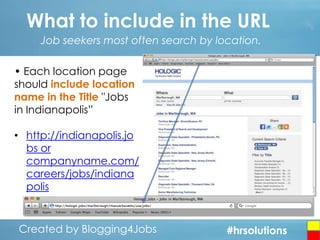 What to include in the URL
Job seekers most often search by location.
• Each location page
should include location
name in the Title "Jobs
in Indianapolis”
• http://indianapolis.jo
bs or
companyname.com/
careers/jobs/indiana
polis

Created by Blogging4Jobs
Created by Blogging4Jobs

#hrsolutions
#hrsolutions
#hrsolutions

 