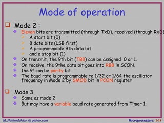 M_Nokhodchian @ yahoo.comM_Nokhodchian @ yahoo.com MicroprocessorsMicroprocessors 1-1-1919
Mode of operation
 Mode 2 :
 Eleven bits are transmitted (through TxD), received (through RxD)
 A start bit (0)
 8 data bits (LSB first)
 A programmable 9th data bit
 and a stop bit (1)
 On transmit, the 9th bit (TB8) can be assigned 0 or 1.
 On receive, the 9the data bit goes into RB8 in SCON.
 the 9th
can be parity bit
 The baud rate is programmable to 1/32 or 1/64 the oscillator
frequency in Mode 2 by SMOD bit in PCON register
 Mode 3
 Same as mode 2
 But may have a variable baud rate generated from Timer 1.
 