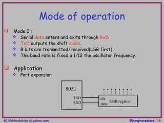 M_Nokhodchian @ yahoo.comM_Nokhodchian @ yahoo.com MicroprocessorsMicroprocessors 1-1-99
Mode of operation
 Mode 0 :
 Serial data enters and exits through RxD
 TxD outputs the shift clock.
 8 bits are transmitted/received(LSB first)
 The baud rate is fixed a 1/12 the oscillator frequency.
 Application
 Port expansion
8051
TXD
RXD Shift register
clk
data
 