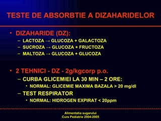 TESTE DE ABSORBTIE A DIZAHARIDELOR DIZAHARIDE (DZ): LACTOZA -> GLUCOZA  + GALACTOZA SUCROZA -> GLUCOZA  + FRUCTOZA MALTOZA -> GLUCOZA  + GLUCOZA 2 TEHNICI   -   DZ - 2g/kgcorp p.o. CURBA GLICEMIEI LA 30 MIN – 2 ORE:  NORMAL: GLICEMIE MAXIMA BAZALA > 20 mg/dl TEST RESPIRATOR NORMAL: HIDROGEN EXPIRAT  < 20ppm 