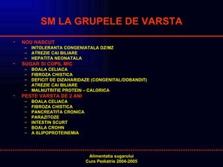 SM LA GRUPELE DE VARSTA NOU NASCUT INTOLERANTA CONGENIATALA DZ/MZ ATREZIE CAI BILIARE HEPATITA NEONATALA SUGAR SI COPIL MIC BOALA CELIACA FIBROZA CHISTICA  DEFICIT DE DIZAHARIDAZE (CONGENITAL/DOBANDIT) ATREZIE CAI BILIARE MALNUTRITIE PROTEIN – CALORICA PESTE VARSTA DE 2 ANI BOALA CELIACA FIBROZA CHISTICA PANCREATITA CRONICA PARAZITOZE INTESTIN SCURT BOALA CROHN A  ßLIPOPROTEINEMIA 