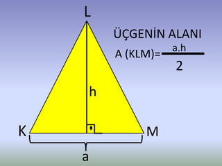 L
K M
h
a
ÜÇGENİN ALANI
A (KLM)=
a.h
2
 