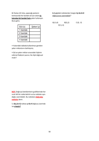 4. Pastacı Ali Usta, yapacağı pastanın                     6.Aşağıdaki noktalardan hangisi 2y-4x+6=0
kremasında her bardak süt için sütün üç                    doğrusunun üzerindedir?
katından bir bardak fazla şeker kullanıyor.
Buna göre;
                                                           A)(-1,4)              B)(1,2)   C (0, -3)
                                                                      D) 3,-3)




• Yukarıdaki tabloda kullanılması gereken
şeker miktarlarını belirleyiniz.

• Süt ve şeker miktarı arasındaki ilişkinin
cebirsel ifadesini yazınız. Bu ilişki doğrusal
mıdır?




NOT: Doğrusal denklemlerin grafiklerinde her
sıralı ikili bir nokta belirtir ve bu noktalar aynı
doğru üzerindedir. Bu noktalara doğrudaş
noktalar denir.

5. A(a,2a+1) noktası y=3x-4 doğrusu üzerinde
ise a kaçtır?




                                                      58
 
