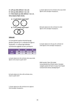 A = çift sayı elde edilmesi = ,2, 4, 6-                    ç. Seçilen öğrencinin 4C sınıfından olma veya erkek
B = tek sayı elde edilmesi = {1, 3, 5}                     öğrenci olma olasılığını hesaplayınız.
C = 5’den küçük sayı elde edilmesi = ,1, 2, 3,
4} bu olaylara ilişkin olarak,

    a) A ve B olayları ayrık mıdır?




    b) A ve C olayları ayrık mıdır?                        d. Seçilen öğrencinin 4A sınıfından bir erkek
                                                           öğrenci olma olasılığını hesaplayınız.




SORULAR

1. Cuma günleri yapılan törende bayrağı
göndere çekmek için 4. sınıflardan bir öğrenci
seçilecektir. 4. sınıflarla ilgili tablodan                e. Seçilen öğrencinin 4A veya 4C sınıfından bir
                                                           erkek öğrenci olma olasılığını hesaplayınız.
yararlanarak aşağıdaki soruları yanıtlayınız.

                   4A            4B            4C
   KIZ             20            13            24
  ERKEK            12            19             8


a. Seçilen öğrencinin 4A sınıfından olma veya erkek
öğrenci olma olayının çeşidi nedir?

                                                           2.Bir kutuda 1'den 10'a kadar
                                                           numaralandırılmış 10 kart vardır. Kutudan
                                                           rastgele seçilen bir kartın 2 veya 5 ten küçük
                                                           numaralı kart olması olasılığı kaçtır?



b. Seçilen öğrencinin 4A ve 4B sınıfından olma
olayının çeşidi nedir?




c. Seçilen öğrencinin 4B sınıfından bir kız öğrenci
olma olasılığını hesaplayınız.




                                                      65
 