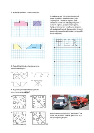 2. Aşağıdaki şekillerin yansımasını çiziniz.

                                                    5. Aşağıda verilen TUR kelimesinin önce 1
                                                    numaralı doğruya göre simetrisini çiziniz.
                                                    Oluşan şeklin 2 numaralı doğruya göre
                                                    simetrisini çiziniz. Son elde ettiğiniz şeklin 3
                                                    numaralı doğruya göre simetrisini çiziniz.
                                                    Yaptığınız işlemlerden yararlanarak bir şeklin
                                                    tek sayıda ve çift sayıda doğruya göre simetrisi
                                                    alındığında elde edilen görüntülerin arasındaki
                                                    ilişkiyi açıklayınız.




3. Aşağıdaki şekillerden hangisi yansıma
simetrisine sahiptir?




4. Aşağıdaki şekillerden hangisi yansıma
simetrisine sahip değildir?

a)                           b)                     6.




c)                           d)
                                                    Ambulans taşıtının önündeki “AMBULANS” ve
                                                    itfaiye araçlarındaki “İTFAİYE” yazılarının niçin
                                                    ters yazıldığını açıklayınız.


                                               70
 
