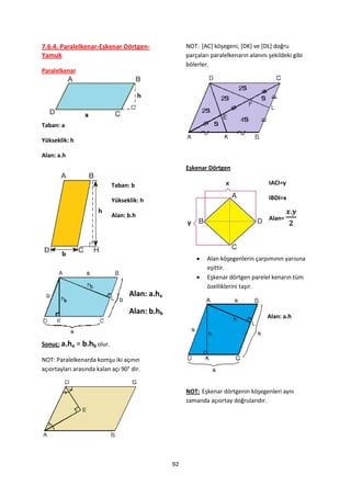 7.6.4. Paralelkenar-Eşkenar Dörtgen-                 NOT: *AC+ köşegeni, *DK+ ve *DL+ doğru
Yamuk                                                parçaları paralelkenarın alanını şekildeki gibi
                                                     bölerler.
Paralelkenar




Taban: a

Yükseklik: h

Alan: a.h
                                                     Eşkenar Dörtgen

                            Taban: b                                                  IACI=y

                            Yükseklik: h                                              IBDI=x

                            Alan: b.h                                                 Alan=




                                                            Alan köşegenlerin çarpımının yarısına
                                                             eşittir.
                                                            Eşkenar dörtgen parelel kenarın tüm
                                                             özelliklerini taşır.
                                   Alan: a.ha

                                   Alan: b.hb
                                                                                     Alan: a.h



Sonuç: a.ha = b.hb olur.

NOT: Paralelkenarda komşu iki açının
açıortayları arasında kalan açı 90° dir.


                                                     NOT: Eşkenar dörtgenin köşegenleri aynı
                                                     zamanda açıortay doğrularıdır.




                                                92
 