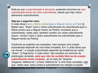 Note-se que a subordinação é recursiva, podendo encontrar-se uma
subordinada dentro de outra subordinada, desde que haja vários
elementos subordinantes.

Veja-se o seguinte caso:
O João disse [ que a Maria contou [que o Miguel mentiu ao Pedro]].
Neste caso, "disse" será o verbo subordinante da subordinada [que a
Maria contou que o Miguel mentiu ao Pedro]. Acontece que a
subordinada, neste caso, também contém um verbo subordinante.
Assim, "contou" será o verbo subordinante da subordinada [que o
Miguel mentiu ao Pedro].

Conforme se explicita nos exemplos, nem sempre uma oração
subordinada depende de uma frase completa. Em “o João disse que
vai chover”, a oração subordinada depende da existência do verbo
“disse”. O fragmento “o João disse” não constitui um domínio de
predicação completo, pelo que não faz sentido falar-se de oração
subordinante neste contexto. Já no caso de “Quando
chegares, telefono-te”, a frase “telefono-te” é uma frase completa, pelo
                                                                     20
que, neste caso, toda a frase é subordinante em relação à oração
subordinada adverbial “quando chegares”.
 