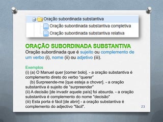 Oração subordinada que é sujeito ou complemento de
um verbo (i), nome (ii) ou adjetivo (iii).

Exemplos
(i) (a) O Manuel quer [comer bolo]. - a oração substantiva é
complemento direto do verbo “querer”
    (b) Surpreende-me [que esteja a chover]. - a oração
substantiva é sujeito de “surpreender”
(ii) A decisão [de invadir aquele país] foi absurda. - a oração
substantiva é complemento do nome "decisão"
(iii) Esta porta é fácil [de abrir] - a oração substantiva é
complemento do adjectivo "fácil".                                 23
 