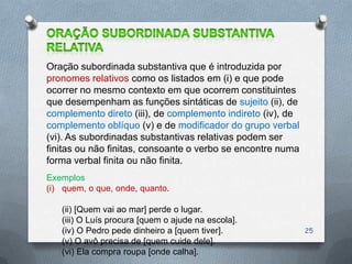 Oração subordinada substantiva que é introduzida por
pronomes relativos como os listados em (i) e que pode
ocorrer no mesmo contexto em que ocorrem constituintes
que desempenham as funções sintáticas de sujeito (ii), de
complemento direto (iii), de complemento indireto (iv), de
complemento oblíquo (v) e de modificador do grupo verbal
(vi). As subordinadas substantivas relativas podem ser
finitas ou não finitas, consoante o verbo se encontre numa
forma verbal finita ou não finita.
Exemplos
(i) quem, o que, onde, quanto.

   (ii) [Quem vai ao mar] perde o lugar.
   (iii) O Luís procura [quem o ajude na escola].
   (iv) O Pedro pede dinheiro a [quem tiver].                25
   (v) O avô precisa de [quem cuide dele].
   (vi) Ela compra roupa [onde calha].
 