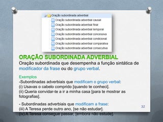 Oração subordinada que desempenha a função sintática de
modificador da frase ou do grupo verbal.
Exemplos
-Subordinadas adverbiais que modificam o grupo verbal:
(i) Usavas o cabelo comprido [quando te conheci].
(ii) Queria convidar-te a ir a minha casa [para te mostrar as
fotografias].
- Subordinadas adverbiais que modificam a frase:
                                                                32
(iii) A Teresa perde outro ano, [se não estudar].
(iv) A Teresa consegue passar, [embora não estude].
 