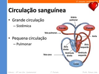 O sistema cardiovascular




Circulação sanguínea
                                                                       Artéria
• Grande circulação                                                   pulmonar

      – Sistêmica                                        Pulmão                           Pulmão

                                      Veia pulmonar
                                                                                                 Aorta
• Pequena circulação
      – Pulmonar                                                                       Átrio
                                                             Átrio                 esquerdo
                                                            direito
                                                              Ventrículo         Ventrículo
                                     Veia cava                  direito          esquerdo


                                                                         Corpo


Ciências – 8º ano Ens. Fundamental          1º Período                                Profa. Rebeca Vale
 