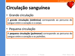 O sistema cardiovascular




Circulação sanguínea
• Grande circulação
    – Sistêmica
  A grande circulação (sistêmica) corresponde ao percurso do
  sangue entre o coração e o corpo.

• Pequena circulação
    – Pulmonar
  A pequena circulação (pulmonar) corresponde ao percurso do
  sangue entre o coração e os pulmões.




Ciências – 8º ano Ens. Fundamental   1º Período          Profa. Rebeca Vale
 