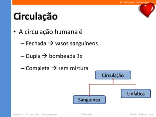 O sistema cardiovascular




Circulação
• A circulação humana é
      – Fechada  vasos sanguíneos

      – Dupla  bombeada 2x

      – Completa  sem mistura
                                                  Circulação


                                                               Linfática
                                     Sanguínea

Ciências – 8º ano Ens. Fundamental   1º Período                  Profa. Rebeca Vale
 