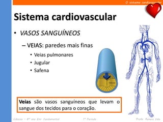O sistema cardiovascular




Sistema cardiovascular
• VASOS SANGUÍNEOS
      – VEIAS: paredes mais finas
            • Veias pulmonares
            • Jugular
            • Safena




    Veias são vasos sanguíneos que levam o
    sangue dos tecidos para o coração.
Ciências – 8º ano Ens. Fundamental   1º Período          Profa. Rebeca Vale
 
