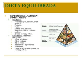 DIETA EQUILIBRADA ASPECTOS CUALITATIVOS Y CUANTITATIVOS. Cualitativos . Farináceos (pan, cereales, arroz, pasta…). Verduras. Frutas. Carnes, aves, pescado, legumbres, huevos y nueces. Lácteos. Grasas, aceites y dulces. Cuantitativos  (raciones o porciones): 4-6 de farináceos. 2-3 de verduras. 2-3 de frutas. 2 de carnes o equivalentes. 2 de lácteos. Limitar el grupo de las grasas, los aceites y dulces. 