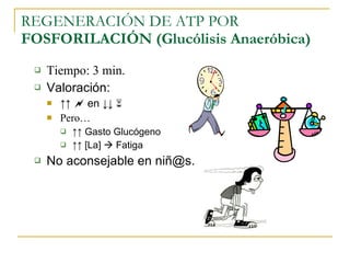 REGENERACIÓN DE ATP POR  FOSFORILACIÓN (Glucólisis Anaeróbica) Tiempo: 3 min. Valoración: ↑↑     en  ↓↓   Pero… ↑↑  Gasto Glucógeno ↑↑  [La]    Fatiga No aconsejable en niñ@s. 