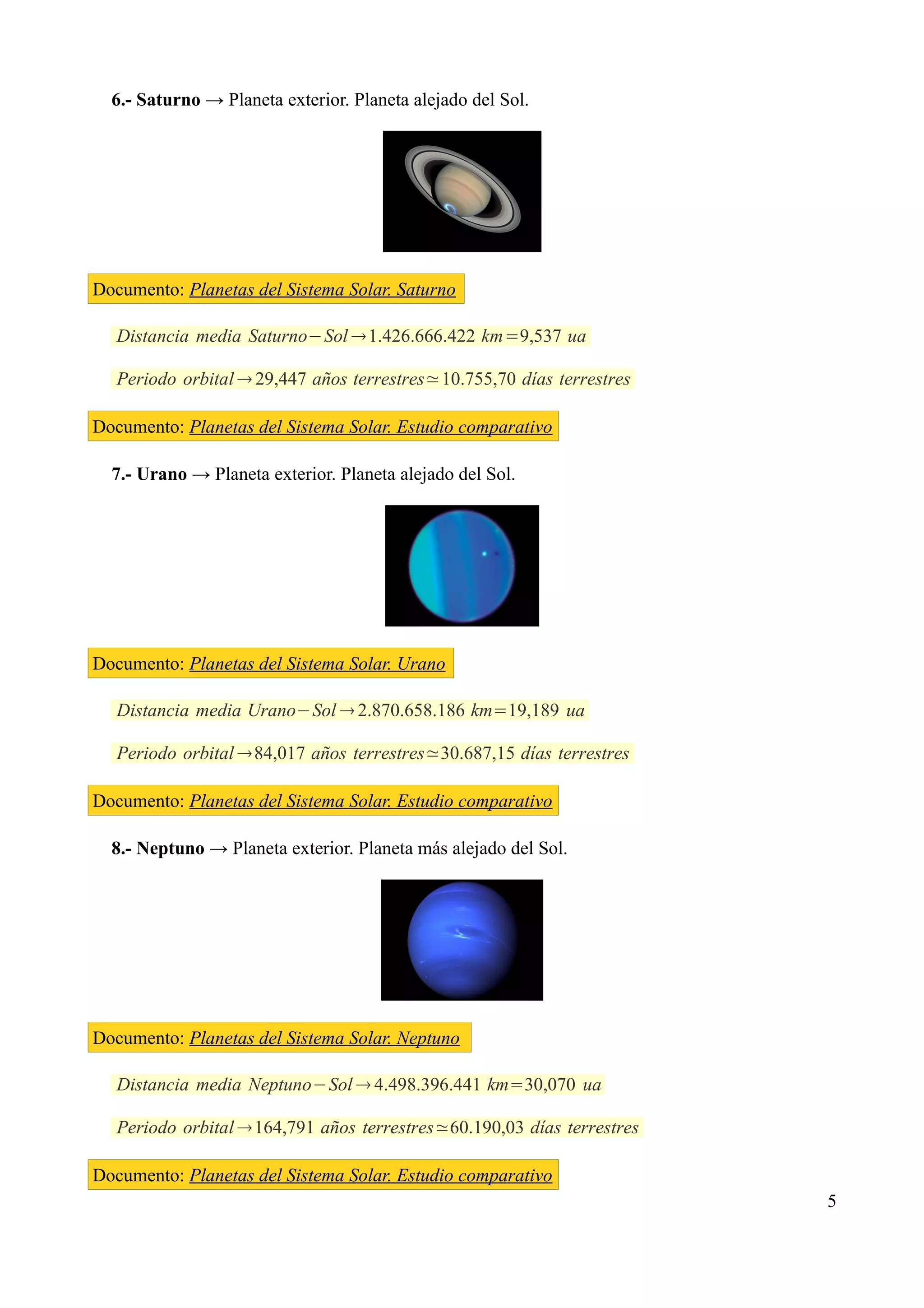 6.- Saturno → Planeta exterior. Planeta alejado del Sol.




Documento: Planetas del Sistema Solar. Saturno

   Distancia media Saturno−Sol  1.426.666.422 km=9,537 ua

   Periodo orbital  29,447 años terrestres≃10.755,70 días terrestres

Documento: Planetas del Sistema Solar. Estudio comparativo

  7.- Urano → Planeta exterior. Planeta alejado del Sol.




Documento: Planetas del Sistema Solar. Urano

   Distancia media Urano−Sol  2.870.658.186 km=19,189 ua

   Periodo orbital 84,017 años terrestres≃30.687,15 días terrestres

Documento: Planetas del Sistema Solar. Estudio comparativo

  8.- Neptuno → Planeta exterior. Planeta más alejado del Sol.




Documento: Planetas del Sistema Solar. Neptuno

   Distancia media Neptuno−Sol  4.498.396.441 km=30,070 ua

   Periodo orbital  164,791 años terrestres≃60.190,03 días terrestres

Documento: Planetas del Sistema Solar. Estudio comparativo
                                                                         5
 