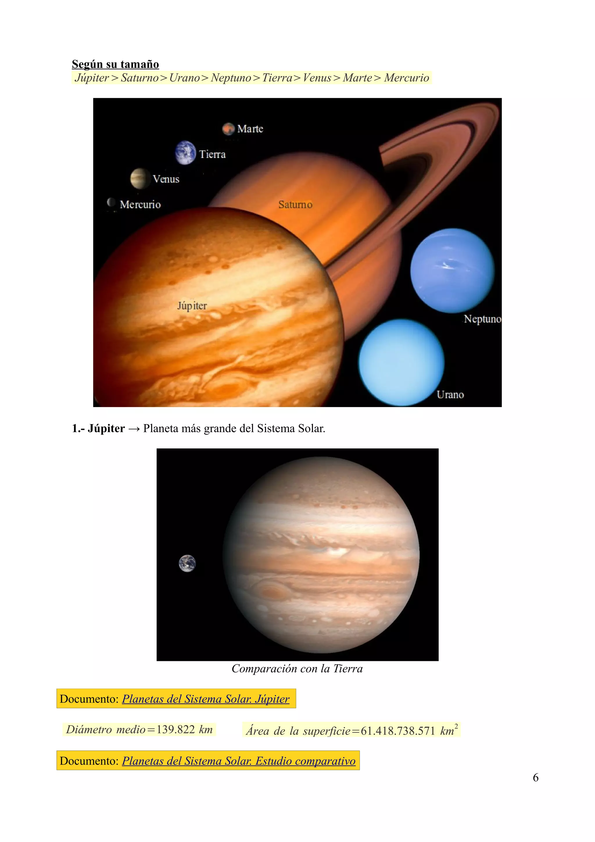 Según su tamaño
  Júpiter SaturnoUranoNeptunoTierraVenusMarte Mercurio




  1.- Júpiter → Planeta más grande del Sistema Solar.




                                  Comparación con la Tierra

Documento: Planetas del Sistema Solar. Júpiter

                                                                               2
 Diámetro medio=139.822 km           Área de la superficie=61.418.738.571 km

Documento: Planetas del Sistema Solar. Estudio comparativo
                                                                                   6
 