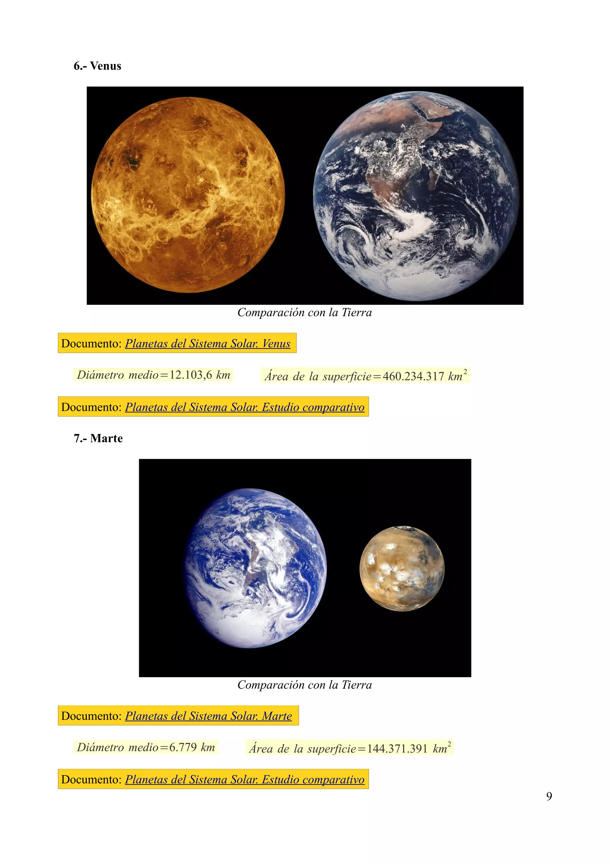 6.- Venus




                                 Comparación con la Tierra

Documento: Planetas del Sistema Solar. Venus

   Diámetro medio=12.103,6 km          Área de la superficie=460.234.317 km 2

Documento: Planetas del Sistema Solar. Estudio comparativo

  7.- Marte




                                 Comparación con la Tierra

Documento: Planetas del Sistema Solar. Marte

                                                                           2
   Diámetro medio=6.779 km          Área de la superficie=144.371.391 km

Documento: Planetas del Sistema Solar. Estudio comparativo
                                                                                9
 