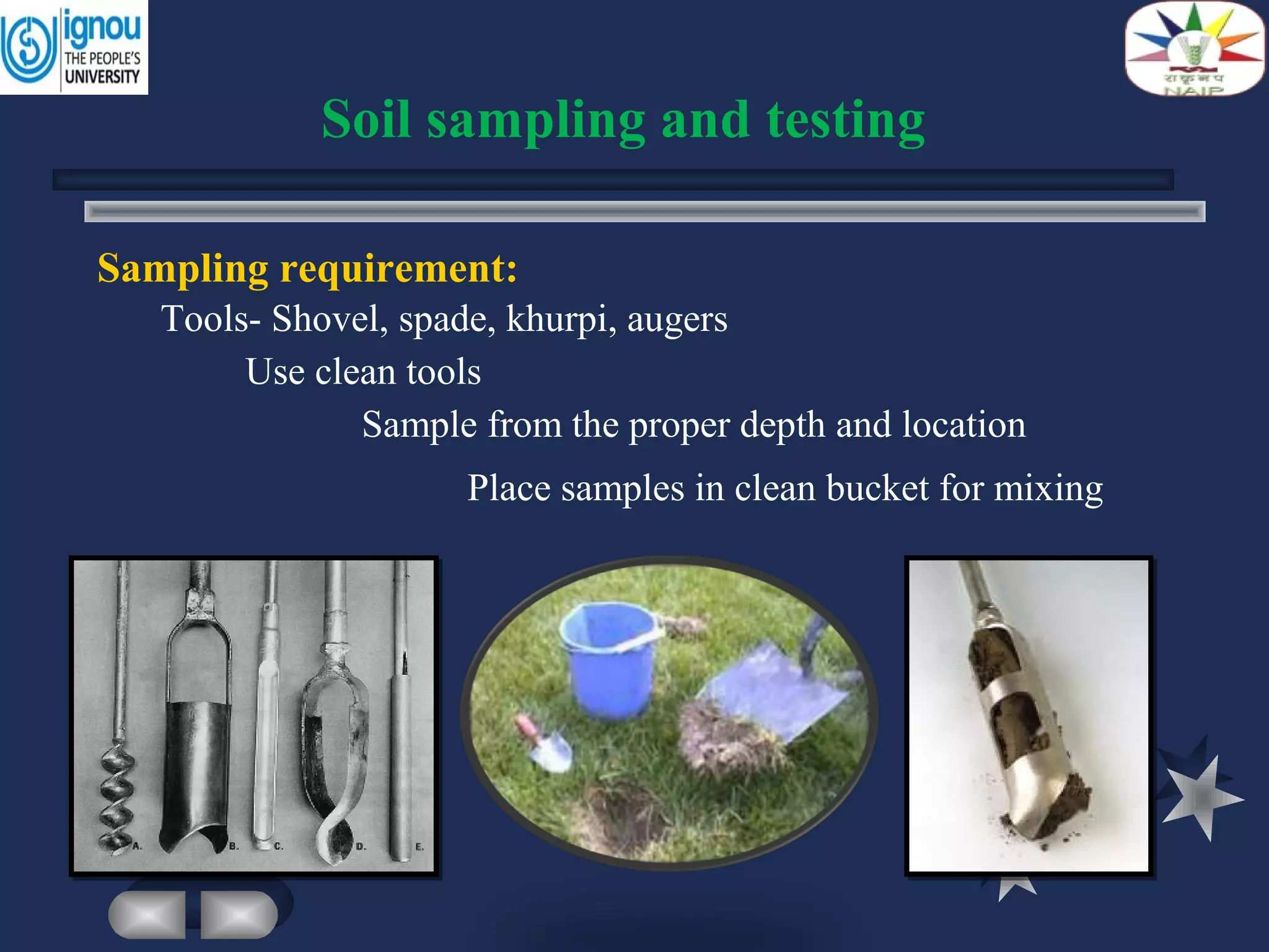 Place samples in clean bucket for mixing
Soil sampling and testing
Sampling requirement:
Tools- Shovel, spade, khurpi, augers
Use clean tools
Sample from the proper depth and location
 