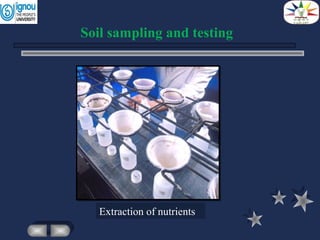 Extraction of nutrients
Soil sampling and testing
 