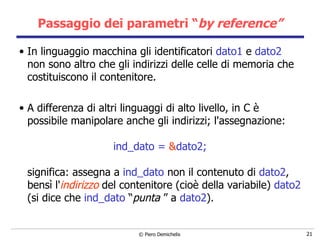 Passaggio dei parametri “ by reference” In linguaggio macchina gli identificatori  dato1  e  dato2  non sono altro che gli indirizzi delle celle di memoria che costituiscono il contenitore.  A differenza di altri linguaggi di alto livello, in C è possibile manipolare anche gli indirizzi; l'assegnazione: ind_dato =  & dato2; significa: assegna a  ind_dato  non il contenuto di  dato2 , bensì l' indirizzo  del contenitore (cioè della variabile)  dato2  (si dice che  ind_dato  “ punta  ” a  dato2 ). 