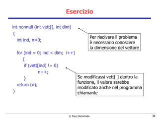   int nonnull (int vett[], int dim) { int ind, n=0; for (ind = 0; ind < dim;  i++) {   if (vett[ind] != 0)    n++;     } return (n); } Esercizio Per risolvere il problema è necessario conoscere la dimensione del vettore Se modificassi vett[ ] dentro la funzione, il valore sarebbe  modificato anche nel programma chiamante 