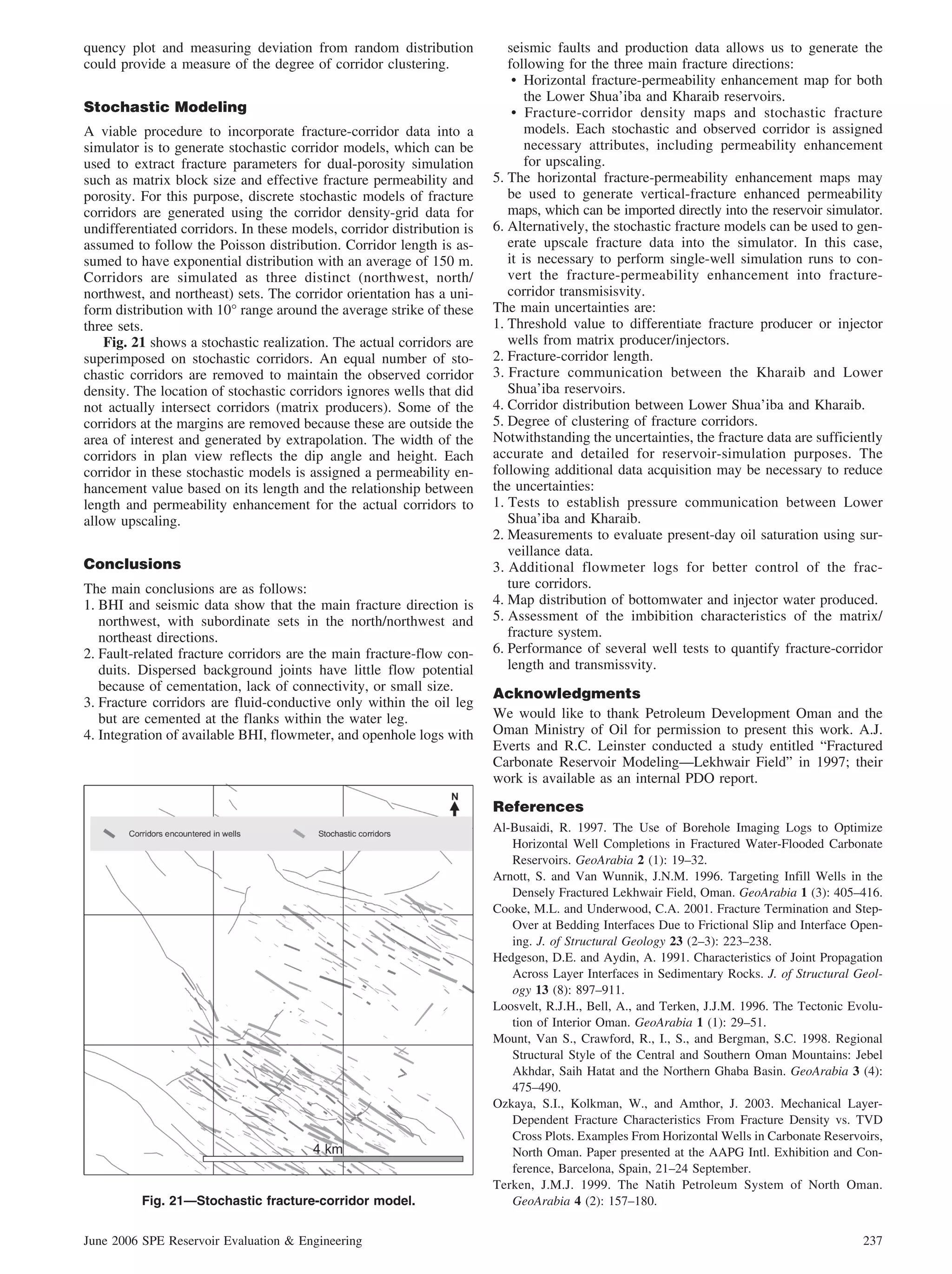 quency plot and measuring deviation from random distribution               seismic faults and production data allows us to generate the
could provide a measure of the degree of corridor clustering.              following for the three main fracture directions:
                                                                            • Horizontal fracture-permeability enhancement map for both
                                                                               the Lower Shua’iba and Kharaib reservoirs.
Stochastic Modeling                                                         • Fracture-corridor density maps and stochastic fracture
A viable procedure to incorporate fracture-corridor data into a                models. Each stochastic and observed corridor is assigned
simulator is to generate stochastic corridor models, which can be              necessary attributes, including permeability enhancement
used to extract fracture parameters for dual-porosity simulation               for upscaling.
such as matrix block size and effective fracture permeability and       5. The horizontal fracture-permeability enhancement maps may
porosity. For this purpose, discrete stochastic models of fracture         be used to generate vertical-fracture enhanced permeability
corridors are generated using the corridor density-grid data for           maps, which can be imported directly into the reservoir simulator.
undifferentiated corridors. In these models, corridor distribution is   6. Alternatively, the stochastic fracture models can be used to gen-
assumed to follow the Poisson distribution. Corridor length is as-         erate upscale fracture data into the simulator. In this case,
sumed to have exponential distribution with an average of 150 m.           it is necessary to perform single-well simulation runs to con-
Corridors are simulated as three distinct (northwest, north/               vert the fracture-permeability enhancement into fracture-
northwest, and northeast) sets. The corridor orientation has a uni-        corridor transmisisvity.
form distribution with 10° range around the average strike of these     The main uncertainties are:
three sets.                                                             1. Threshold value to differentiate fracture producer or injector
    Fig. 21 shows a stochastic realization. The actual corridors are       wells from matrix producer/injectors.
superimposed on stochastic corridors. An equal number of sto-           2. Fracture-corridor length.
chastic corridors are removed to maintain the observed corridor         3. Fracture communication between the Kharaib and Lower
density. The location of stochastic corridors ignores wells that did       Shua’iba reservoirs.
not actually intersect corridors (matrix producers). Some of the        4. Corridor distribution between Lower Shua’iba and Kharaib.
corridors at the margins are removed because these are outside the      5. Degree of clustering of fracture corridors.
area of interest and generated by extrapolation. The width of the       Notwithstanding the uncertainties, the fracture data are sufficiently
corridors in plan view reflects the dip angle and height. Each          accurate and detailed for reservoir-simulation purposes. The
corridor in these stochastic models is assigned a permeability en-      following additional data acquisition may be necessary to reduce
hancement value based on its length and the relationship between        the uncertainties:
length and permeability enhancement for the actual corridors to         1. Tests to establish pressure communication between Lower
allow upscaling.                                                           Shua’iba and Kharaib.
                                                                        2. Measurements to evaluate present-day oil saturation using sur-
                                                                           veillance data.
Conclusions                                                             3. Additional flowmeter logs for better control of the frac-
The main conclusions are as follows:                                       ture corridors.
1. BHI and seismic data show that the main fracture direction is        4. Map distribution of bottomwater and injector water produced.
   northwest, with subordinate sets in the north/northwest and          5. Assessment of the imbibition characteristics of the matrix/
   northeast directions.                                                   fracture system.
2. Fault-related fracture corridors are the main fracture-flow con-     6. Performance of several well tests to quantify fracture-corridor
   duits. Dispersed background joints have little flow potential           length and transmissvity.
   because of cementation, lack of connectivity, or small size.
                                                                        Acknowledgments
3. Fracture corridors are fluid-conductive only within the oil leg
   but are cemented at the flanks within the water leg.                 We would like to thank Petroleum Development Oman and the
4. Integration of available BHI, flowmeter, and openhole logs with      Oman Ministry of Oil for permission to present this work. A.J.
                                                                        Everts and R.C. Leinster conducted a study entitled “Fractured
                                                                        Carbonate Reservoir Modeling—Lekhwair Field” in 1997; their
                                                                        work is available as an internal PDO report.
                                                                        References
                                                                        Al-Busaidi, R. 1997. The Use of Borehole Imaging Logs to Optimize
                                                                           Horizontal Well Completions in Fractured Water-Flooded Carbonate
                                                                           Reservoirs. GeoArabia 2 (1): 19–32.
                                                                        Arnott, S. and Van Wunnik, J.N.M. 1996. Targeting Infill Wells in the
                                                                           Densely Fractured Lekhwair Field, Oman. GeoArabia 1 (3): 405–416.
                                                                        Cooke, M.L. and Underwood, C.A. 2001. Fracture Termination and Step-
                                                                           Over at Bedding Interfaces Due to Frictional Slip and Interface Open-
                                                                           ing. J. of Structural Geology 23 (2–3): 223–238.
                                                                        Hedgeson, D.E. and Aydin, A. 1991. Characteristics of Joint Propagation
                                                                           Across Layer Interfaces in Sedimentary Rocks. J. of Structural Geol-
                                                                           ogy 13 (8): 897–911.
                                                                        Loosvelt, R.J.H., Bell, A., and Terken, J.J.M. 1996. The Tectonic Evolu-
                                                                           tion of Interior Oman. GeoArabia 1 (1): 29–51.
                                                                        Mount, Van S., Crawford, R., I., S., and Bergman, S.C. 1998. Regional
                                                                           Structural Style of the Central and Southern Oman Mountains: Jebel
                                                                           Akhdar, Saih Hatat and the Northern Ghaba Basin. GeoArabia 3 (4):
                                                                           475–490.
                                                                        Ozkaya, S.I., Kolkman, W., and Amthor, J. 2003. Mechanical Layer-
                                                                           Dependent Fracture Characteristics From Fracture Density vs. TVD
                                                                           Cross Plots. Examples From Horizontal Wells in Carbonate Reservoirs,
                                                                           North Oman. Paper presented at the AAPG Intl. Exhibition and Con-
                                                                           ference, Barcelona, Spain, 21–24 September.
                                                                        Terken, J.M.J. 1999. The Natih Petroleum System of North Oman.
          Fig. 21—Stochastic fracture-corridor model.                      GeoArabia 4 (2): 157–180.


June 2006 SPE Reservoir Evaluation & Engineering                                                                                            237
 