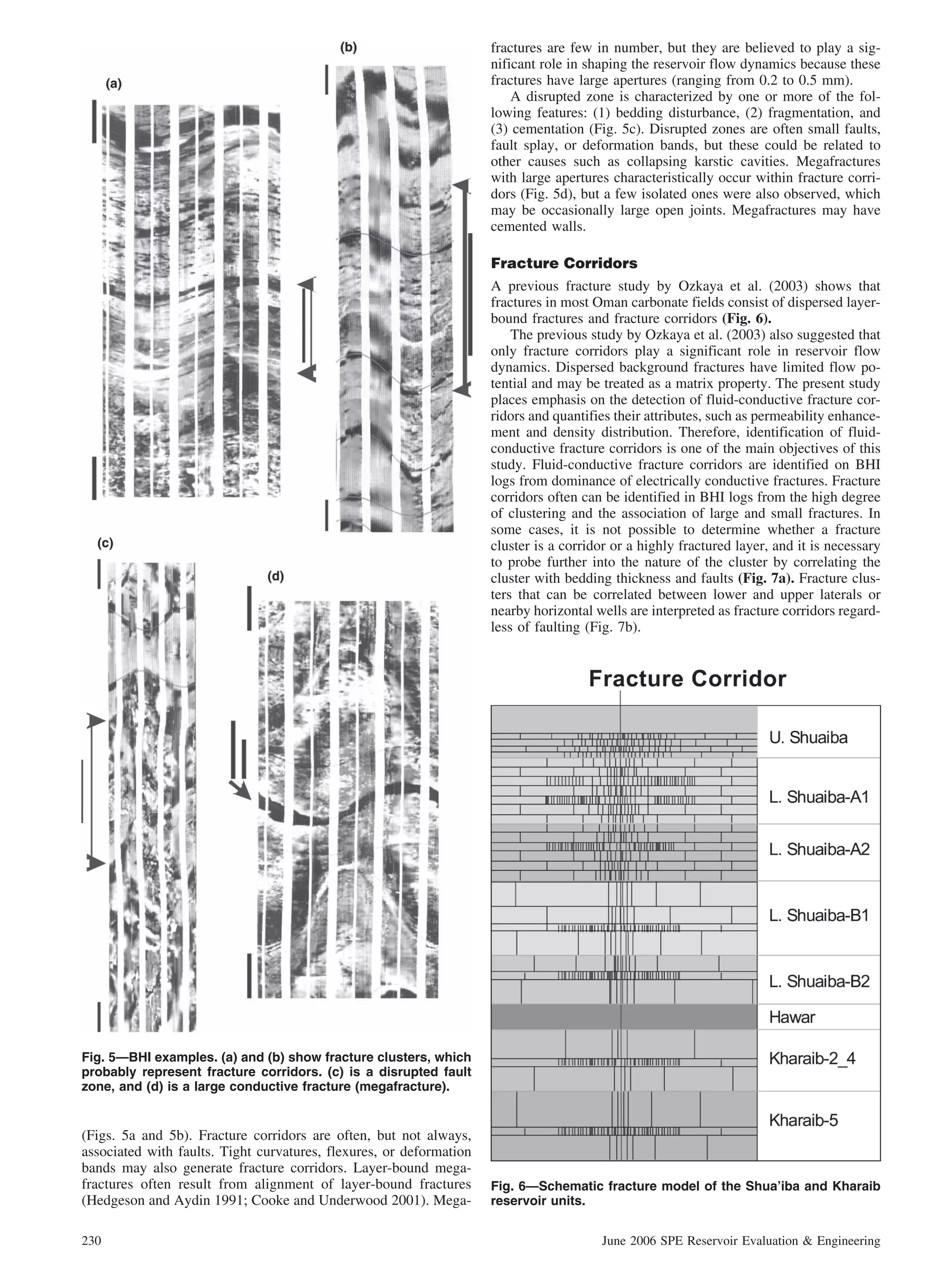 fractures are few in number, but they are believed to play a sig-
                                                                     nificant role in shaping the reservoir flow dynamics because these
                                                                     fractures have large apertures (ranging from 0.2 to 0.5 mm).
                                                                         A disrupted zone is characterized by one or more of the fol-
                                                                     lowing features: (1) bedding disturbance, (2) fragmentation, and
                                                                     (3) cementation (Fig. 5c). Disrupted zones are often small faults,
                                                                     fault splay, or deformation bands, but these could be related to
                                                                     other causes such as collapsing karstic cavities. Megafractures
                                                                     with large apertures characteristically occur within fracture corri-
                                                                     dors (Fig. 5d), but a few isolated ones were also observed, which
                                                                     may be occasionally large open joints. Megafractures may have
                                                                     cemented walls.

                                                                     Fracture Corridors
                                                                     A previous fracture study by Ozkaya et al. (2003) shows that
                                                                     fractures in most Oman carbonate fields consist of dispersed layer-
                                                                     bound fractures and fracture corridors (Fig. 6).
                                                                         The previous study by Ozkaya et al. (2003) also suggested that
                                                                     only fracture corridors play a significant role in reservoir flow
                                                                     dynamics. Dispersed background fractures have limited flow po-
                                                                     tential and may be treated as a matrix property. The present study
                                                                     places emphasis on the detection of fluid-conductive fracture cor-
                                                                     ridors and quantifies their attributes, such as permeability enhance-
                                                                     ment and density distribution. Therefore, identification of fluid-
                                                                     conductive fracture corridors is one of the main objectives of this
                                                                     study. Fluid-conductive fracture corridors are identified on BHI
                                                                     logs from dominance of electrically conductive fractures. Fracture
                                                                     corridors often can be identified in BHI logs from the high degree
                                                                     of clustering and the association of large and small fractures. In
                                                                     some cases, it is not possible to determine whether a fracture
                                                                     cluster is a corridor or a highly fractured layer, and it is necessary
                                                                     to probe further into the nature of the cluster by correlating the
                                                                     cluster with bedding thickness and faults (Fig. 7a). Fracture clus-
                                                                     ters that can be correlated between lower and upper laterals or
                                                                     nearby horizontal wells are interpreted as fracture corridors regard-
                                                                     less of faulting (Fig. 7b).




Fig. 5—BHI examples. (a) and (b) show fracture clusters, which
probably represent fracture corridors. (c) is a disrupted fault
zone, and (d) is a large conductive fracture (megafracture).


(Figs. 5a and 5b). Fracture corridors are often, but not always,
associated with faults. Tight curvatures, flexures, or deformation
bands may also generate fracture corridors. Layer-bound mega-
fractures often result from alignment of layer-bound fractures       Fig. 6—Schematic fracture model of the Shua’iba and Kharaib
(Hedgeson and Aydin 1991; Cooke and Underwood 2001). Mega-           reservoir units.


230                                                                                     June 2006 SPE Reservoir Evaluation & Engineering
 
