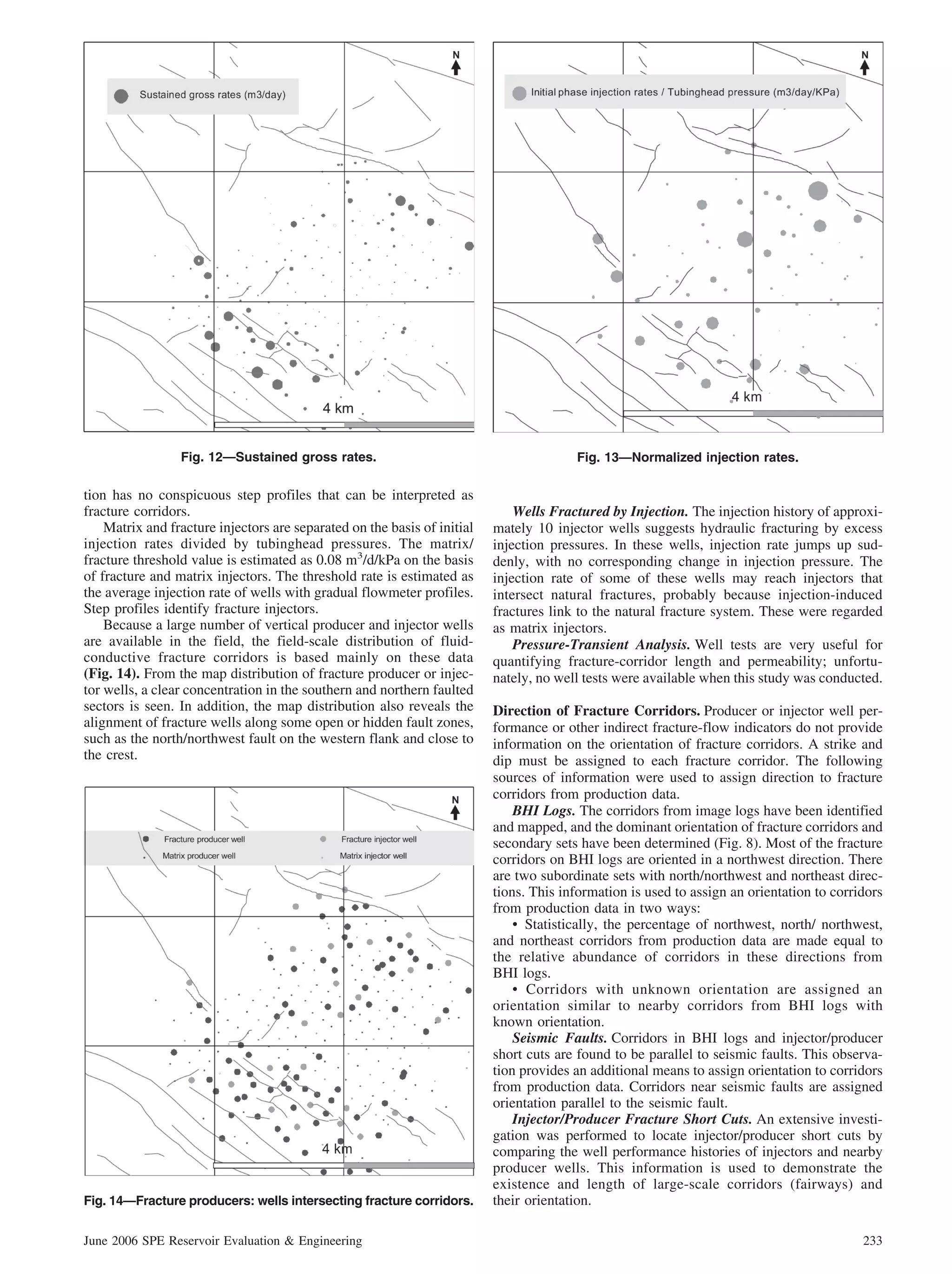 Fig. 12—Sustained gross rates.                                         Fig. 13—Normalized injection rates.

tion has no conspicuous step profiles that can be interpreted as
fracture corridors.                                                           Wells Fractured by Injection. The injection history of approxi-
    Matrix and fracture injectors are separated on the basis of initial   mately 10 injector wells suggests hydraulic fracturing by excess
injection rates divided by tubinghead pressures. The matrix/              injection pressures. In these wells, injection rate jumps up sud-
fracture threshold value is estimated as 0.08 m3/d/kPa on the basis       denly, with no corresponding change in injection pressure. The
of fracture and matrix injectors. The threshold rate is estimated as      injection rate of some of these wells may reach injectors that
the average injection rate of wells with gradual flowmeter profiles.      intersect natural fractures, probably because injection-induced
Step profiles identify fracture injectors.                                fractures link to the natural fracture system. These were regarded
    Because a large number of vertical producer and injector wells        as matrix injectors.
are available in the field, the field-scale distribution of fluid-            Pressure-Transient Analysis. Well tests are very useful for
conductive fracture corridors is based mainly on these data               quantifying fracture-corridor length and permeability; unfortu-
(Fig. 14). From the map distribution of fracture producer or injec-       nately, no well tests were available when this study was conducted.
tor wells, a clear concentration in the southern and northern faulted
sectors is seen. In addition, the map distribution also reveals the       Direction of Fracture Corridors. Producer or injector well per-
alignment of fracture wells along some open or hidden fault zones,        formance or other indirect fracture-flow indicators do not provide
such as the north/northwest fault on the western flank and close to       information on the orientation of fracture corridors. A strike and
the crest.                                                                dip must be assigned to each fracture corridor. The following
                                                                          sources of information were used to assign direction to fracture
                                                                          corridors from production data.
                                                                              BHI Logs. The corridors from image logs have been identified
                                                                          and mapped, and the dominant orientation of fracture corridors and
                                                                          secondary sets have been determined (Fig. 8). Most of the fracture
                                                                          corridors on BHI logs are oriented in a northwest direction. There
                                                                          are two subordinate sets with north/northwest and northeast direc-
                                                                          tions. This information is used to assign an orientation to corridors
                                                                          from production data in two ways:
                                                                              • Statistically, the percentage of northwest, north/ northwest,
                                                                          and northeast corridors from production data are made equal to
                                                                          the relative abundance of corridors in these directions from
                                                                          BHI logs.
                                                                              • Corridors with unknown orientation are assigned an
                                                                          orientation similar to nearby corridors from BHI logs with
                                                                          known orientation.
                                                                              Seismic Faults. Corridors in BHI logs and injector/producer
                                                                          short cuts are found to be parallel to seismic faults. This observa-
                                                                          tion provides an additional means to assign orientation to corridors
                                                                          from production data. Corridors near seismic faults are assigned
                                                                          orientation parallel to the seismic fault.
                                                                              Injector/Producer Fracture Short Cuts. An extensive investi-
                                                                          gation was performed to locate injector/producer short cuts by
                                                                          comparing the well performance histories of injectors and nearby
                                                                          producer wells. This information is used to demonstrate the
                                                                          existence and length of large-scale corridors (fairways) and
Fig. 14—Fracture producers: wells intersecting fracture corridors.        their orientation.

June 2006 SPE Reservoir Evaluation & Engineering                                                                                           233
 