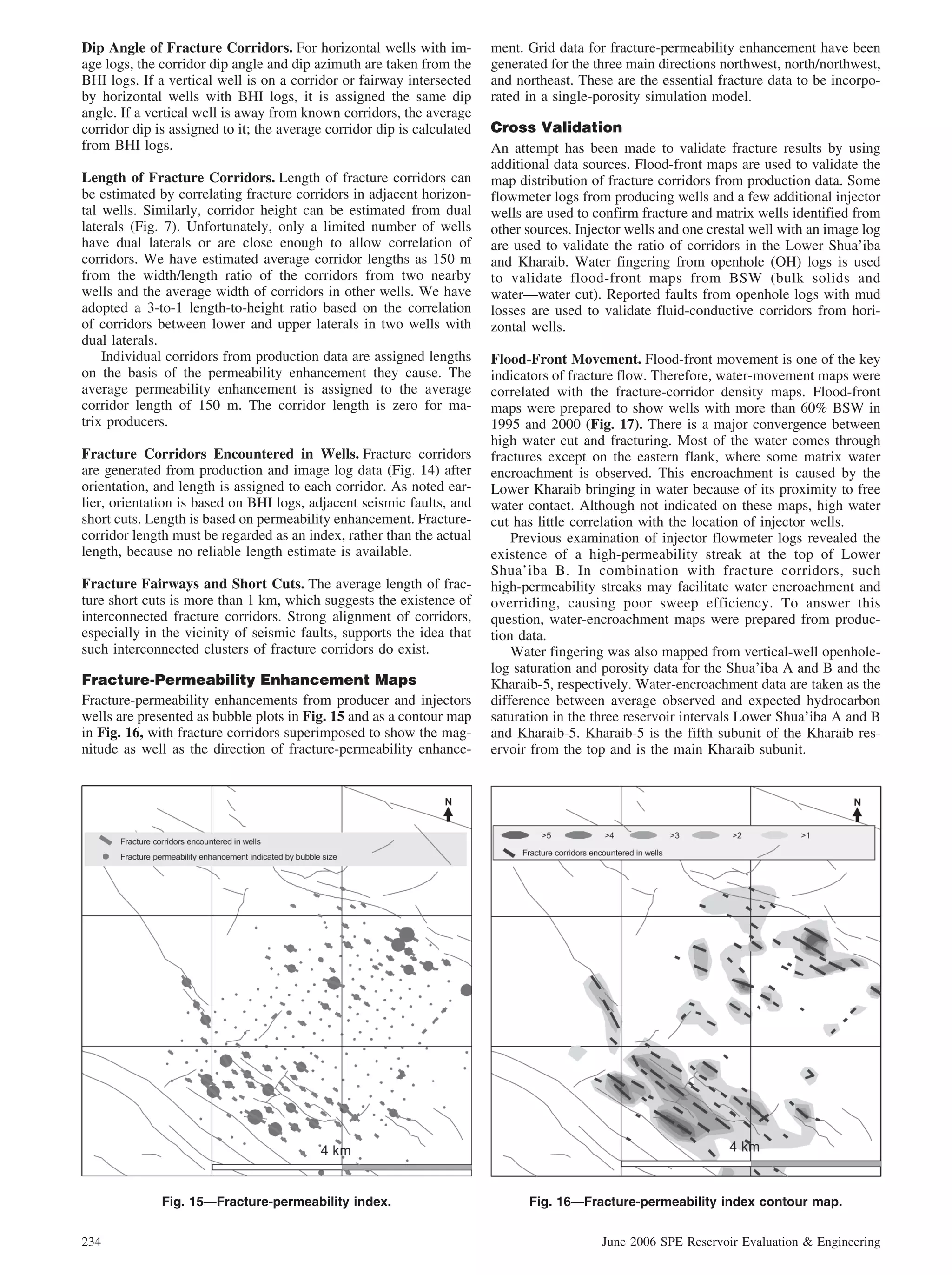 Dip Angle of Fracture Corridors. For horizontal wells with im-           ment. Grid data for fracture-permeability enhancement have been
age logs, the corridor dip angle and dip azimuth are taken from the      generated for the three main directions northwest, north/northwest,
BHI logs. If a vertical well is on a corridor or fairway intersected     and northeast. These are the essential fracture data to be incorpo-
by horizontal wells with BHI logs, it is assigned the same dip           rated in a single-porosity simulation model.
angle. If a vertical well is away from known corridors, the average
corridor dip is assigned to it; the average corridor dip is calculated   Cross Validation
from BHI logs.                                                           An attempt has been made to validate fracture results by using
                                                                         additional data sources. Flood-front maps are used to validate the
Length of Fracture Corridors. Length of fracture corridors can           map distribution of fracture corridors from production data. Some
be estimated by correlating fracture corridors in adjacent horizon-      flowmeter logs from producing wells and a few additional injector
tal wells. Similarly, corridor height can be estimated from dual         wells are used to confirm fracture and matrix wells identified from
laterals (Fig. 7). Unfortunately, only a limited number of wells         other sources. Injector wells and one crestal well with an image log
have dual laterals or are close enough to allow correlation of           are used to validate the ratio of corridors in the Lower Shua’iba
corridors. We have estimated average corridor lengths as 150 m           and Kharaib. Water fingering from openhole (OH) logs is used
from the width/length ratio of the corridors from two nearby             to validate flood-front maps from BSW (bulk solids and
wells and the average width of corridors in other wells. We have         water—water cut). Reported faults from openhole logs with mud
adopted a 3-to-1 length-to-height ratio based on the correlation         losses are used to validate fluid-conductive corridors from hori-
of corridors between lower and upper laterals in two wells with          zontal wells.
dual laterals.
    Individual corridors from production data are assigned lengths       Flood-Front Movement. Flood-front movement is one of the key
on the basis of the permeability enhancement they cause. The             indicators of fracture flow. Therefore, water-movement maps were
average permeability enhancement is assigned to the average              correlated with the fracture-corridor density maps. Flood-front
corridor length of 150 m. The corridor length is zero for ma-            maps were prepared to show wells with more than 60% BSW in
trix producers.                                                          1995 and 2000 (Fig. 17). There is a major convergence between
                                                                         high water cut and fracturing. Most of the water comes through
Fracture Corridors Encountered in Wells. Fracture corridors              fractures except on the eastern flank, where some matrix water
are generated from production and image log data (Fig. 14) after         encroachment is observed. This encroachment is caused by the
orientation, and length is assigned to each corridor. As noted ear-      Lower Kharaib bringing in water because of its proximity to free
lier, orientation is based on BHI logs, adjacent seismic faults, and     water contact. Although not indicated on these maps, high water
short cuts. Length is based on permeability enhancement. Fracture-       cut has little correlation with the location of injector wells.
corridor length must be regarded as an index, rather than the actual         Previous examination of injector flowmeter logs revealed the
length, because no reliable length estimate is available.                existence of a high-permeability streak at the top of Lower
                                                                         Shua’iba B. In combination with fracture corridors, such
Fracture Fairways and Short Cuts. The average length of frac-            high-permeability streaks may facilitate water encroachment and
ture short cuts is more than 1 km, which suggests the existence of       overriding, causing poor sweep efficiency. To answer this
interconnected fracture corridors. Strong alignment of corridors,        question, water-encroachment maps were prepared from produc-
especially in the vicinity of seismic faults, supports the idea that     tion data.
such interconnected clusters of fracture corridors do exist.                 Water fingering was also mapped from vertical-well openhole-
                                                                         log saturation and porosity data for the Shua’iba A and B and the
Fracture-Permeability Enhancement Maps                                   Kharaib-5, respectively. Water-encroachment data are taken as the
Fracture-permeability enhancements from producer and injectors           difference between average observed and expected hydrocarbon
wells are presented as bubble plots in Fig. 15 and as a contour map      saturation in the three reservoir intervals Lower Shua’iba A and B
in Fig. 16, with fracture corridors superimposed to show the mag-        and Kharaib-5. Kharaib-5 is the fifth subunit of the Kharaib res-
nitude as well as the direction of fracture-permeability enhance-        ervoir from the top and is the main Kharaib subunit.




              Fig. 15—Fracture-permeability index.                             Fig. 16—Fracture-permeability index contour map.


234                                                                                         June 2006 SPE Reservoir Evaluation & Engineering
 