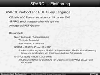 SPARQL - Einführung SPARQL Protocol and RDF Query Language Offizielle W3C Recommendation vom 15. Januar 2008 