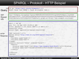SPARQL – FILTER - Beispiel Beispiel zu FILTER: PREFIX  dc:  < http://purl.org/dc/elements/1.1/ > PREFIX  ns:  < http://example.org/ns #> SELECT  ?title ?price WHERE { ?x ns:price ?price . FILTER (?price < 30.5)   ?x dc:title ?title .  } 