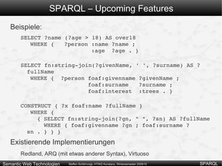 SPARQL – FILTER - Funktionen RDF spezifische Filterfunktionen in SPARQL Operator Beschreibung Erlaubter Typ für A BOUND( A ) Gibt an, ob die Variable A gebunden ist Variable isIRI( A )  / isURI (A) Gibt an, ob das Element eine IRI/URI ist RDF-Element isBLANK( A ) Gibt an, ob das Element ein BlankNode ist RDF-Element isLITERAL( A ) Gibt an, ob das Element ein Literal ist RDF-Element STR( A ) Darstellung von URIs und Literalen als xsd:string URI / Literal LANG( A ) Sprachangabe eines Literals (leer, wenn nicht vorhanden) Literal DATATYPE( A ) Datentyp eines Literals. Wenn Literal ungetypt und ohne Sprachangabe: xsd:string Literal 