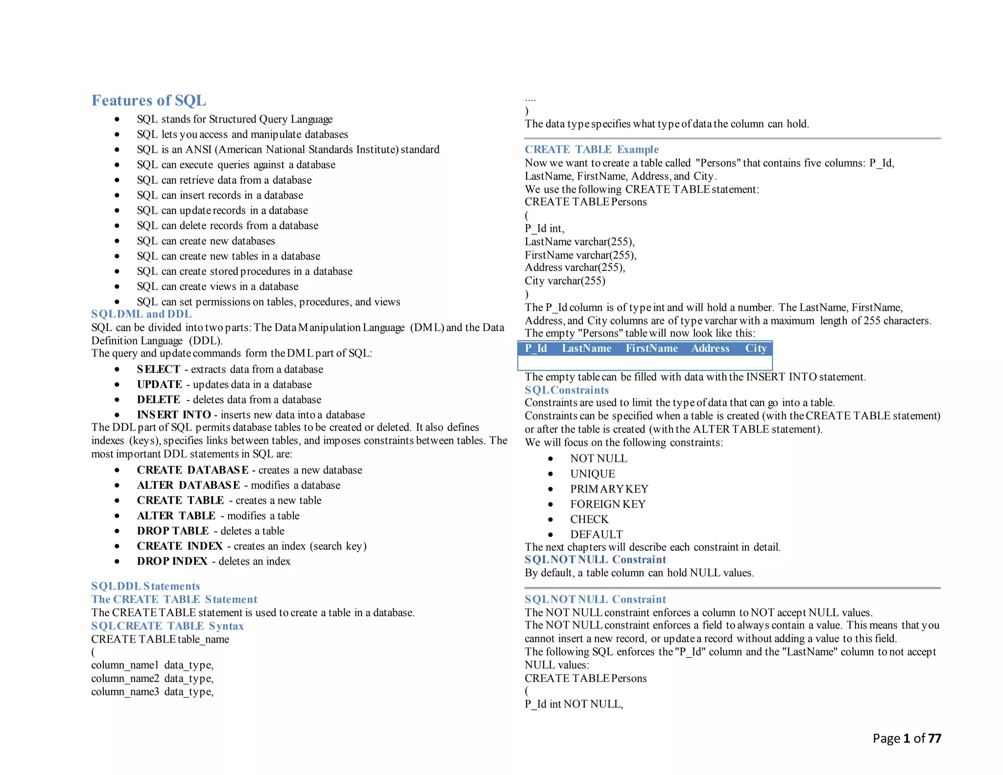 Page 1 of 77
Features of SQL
 SQL stands for Structured Query Language
 SQL lets you access and manipulate databases
 SQL is an ANSI (American National Standards Institute) standard
 SQL can execute queries against a database
 SQL can retrieve data from a database
 SQL can insert records in a database
 SQL can updaterecords in a database
 SQL can delete records from a database
 SQL can create new databases
 SQL can create new tables in a database
 SQL can create stored procedures in a database
 SQL can create views in a database
 SQL can set permissions on tables, procedures, and views
SQLDML and DDL
SQL can be divided into two parts:The DataManipulation Language (DML) and the Data
Definition Language (DDL).
The query and updatecommands form theDMLpart of SQL:
 SELECT - extracts data from a database
 UPDATE - updates data in a database
 DELETE - deletes data from a database
 INSERT INTO - inserts new data into a database
The DDLpart of SQL permits database tables to be created or deleted. It also defines
indexes (keys), specifies links between tables, and imposes constraints between tables. The
most important DDL statements in SQL are:
 CREATE DATABASE - creates a new database
 ALTER DATABASE - modifies a database
 CREATE TABLE - creates a new table
 ALTER TABLE - modifies a table
 DROP TABLE - deletes a table
 CREATE INDEX - creates an index (search key)
 DROP INDEX - deletes an index
SQLDDL Statements
The CREATE TABLE Statement
The CREATETABLE statement is used to create a table in a database.
SQLCREATE TABLE Syntax
CREATE TABLEtable_name
(
column_name1 data_type,
column_name2 data_type,
column_name3 data_type,
....
)
The data typespecifies what typeof datathe column can hold.
CREATE TABLE Example
Now we want to create a table called "Persons" that contains five columns: P_Id,
LastName, FirstName, Address, and City.
We use thefollowing CREATE TABLEstatement:
CREATE TABLEPersons
(
P_Id int,
LastName varchar(255),
FirstName varchar(255),
Address varchar(255),
City varchar(255)
)
The P_Id column is of typeint and will hold a number. The LastName, FirstName,
Address, and City columns are of typevarchar with a maximum length of 255 characters.
The empty "Persons" tablewill now look like this:
P_Id LastName FirstName Address City
The empty tablecan be filled with data with the INSERT INTO statement.
SQLConstraints
Constraints are used to limit the typeof data that can go into a table.
Constraints can be specified when a table is created (with theCREATE TABLE statement)
or after the table is created (with the ALTER TABLE statement).
We will focus on the following constraints:
 NOT NULL
 UNIQUE
 PRIMARYKEY
 FOREIGN KEY
 CHECK
 DEFAULT
The next chapters will describe each constraint in detail.
SQLNOT NULL Constraint
By default, a table column can hold NULL values.
SQLNOT NULL Constraint
The NOT NULLconstraint enforces a column to NOT accept NULL values.
The NOT NULLconstraint enforces a field to always contain a value. This means that you
cannot insert a new record, or updatea record without adding a value to this field.
The following SQL enforces the"P_Id" column and the "LastName" column to not accept
NULL values:
CREATE TABLEPersons
(
P_Id int NOT NULL,
 