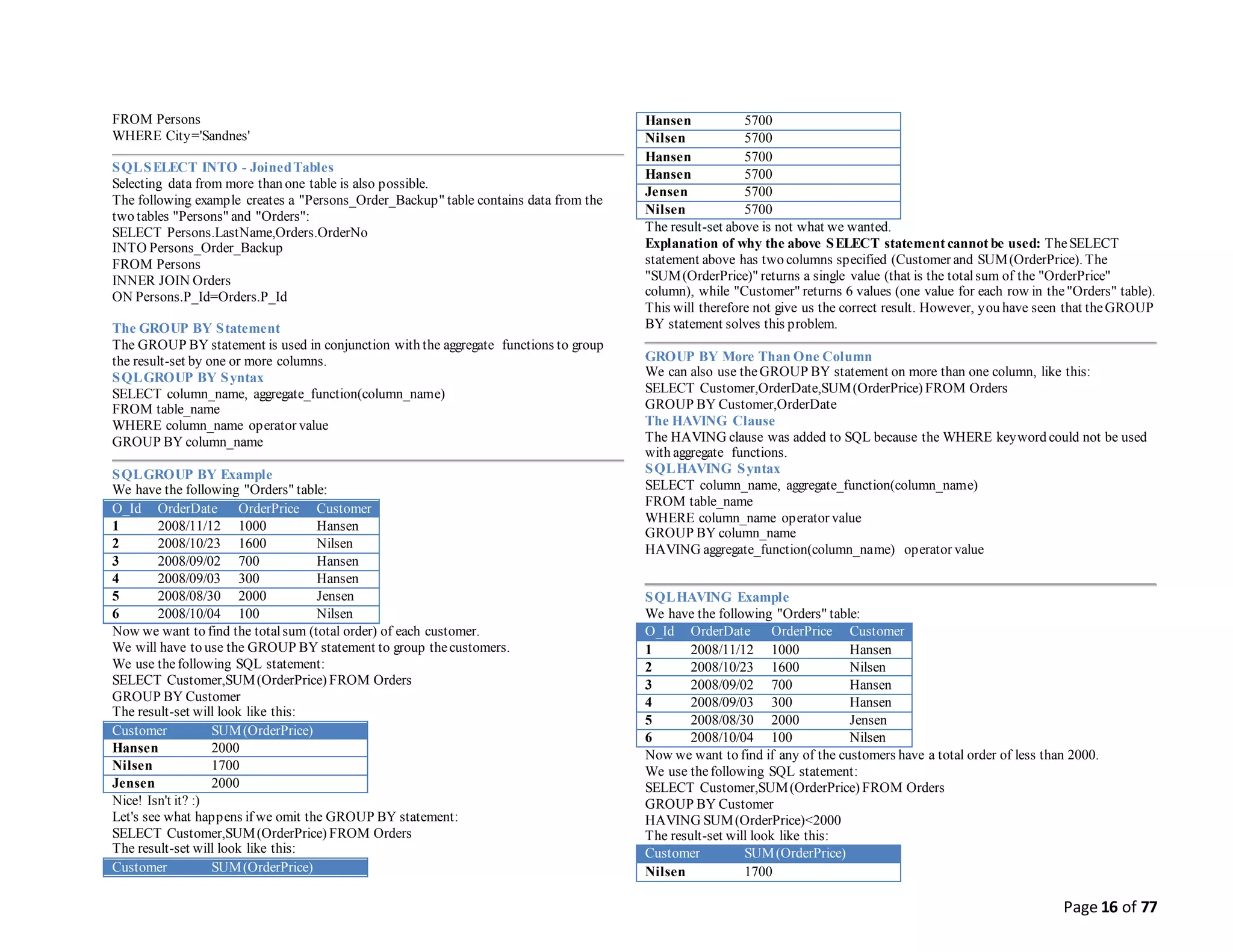 Page 16 of 77
FROM Persons
WHERE City='Sandnes'
SQLSELECT INTO - JoinedTables
Selecting data from more than one table is also possible.
The following example creates a "Persons_Order_Backup" table contains data from the
two tables "Persons" and "Orders":
SELECT Persons.LastName,Orders.OrderNo
INTO Persons_Order_Backup
FROM Persons
INNER JOIN Orders
ON Persons.P_Id=Orders.P_Id
The GROUP BY Statement
The GROUP BY statement is used in conjunction with the aggregate functions to group
the result-set by one or more columns.
SQLGROUP BY Syntax
SELECT column_name, aggregate_function(column_name)
FROM table_name
WHERE column_name operator value
GROUP BY column_name
SQLGROUP BY Example
We have the following "Orders" table:
O_Id OrderDate OrderPrice Customer
1 2008/11/12 1000 Hansen
2 2008/10/23 1600 Nilsen
3 2008/09/02 700 Hansen
4 2008/09/03 300 Hansen
5 2008/08/30 2000 Jensen
6 2008/10/04 100 Nilsen
Now we want to find the totalsum (total order) of each customer.
We will have to use the GROUP BY statement to group thecustomers.
We use thefollowing SQL statement:
SELECT Customer,SUM(OrderPrice) FROM Orders
GROUP BY Customer
The result-set will look like this:
Customer SUM(OrderPrice)
Hansen 2000
Nilsen 1700
Jensen 2000
Nice! Isn't it? :)
Let's see what happens if we omit the GROUP BY statement:
SELECT Customer,SUM(OrderPrice) FROM Orders
The result-set will look like this:
Customer SUM(OrderPrice)
Hansen 5700
Nilsen 5700
Hansen 5700
Hansen 5700
Jensen 5700
Nilsen 5700
The result-set above is not what we wanted.
Explanation of why the above SELECT statement cannot be used: TheSELECT
statement above has two columns specified (Customer and SUM(OrderPrice). The
"SUM(OrderPrice)" returns a single value (that is the totalsum of the "OrderPrice"
column), while "Customer" returns 6 values (one value for each row in the"Orders" table).
This will therefore not give us the correct result. However, you have seen that theGROUP
BY statement solves this problem.
GROUP BY More Than One Column
We can also use theGROUP BY statement on more than one column, like this:
SELECT Customer,OrderDate,SUM(OrderPrice) FROM Orders
GROUP BY Customer,OrderDate
The HAVING Clause
The HAVING clause was added to SQL because the WHERE keyword could not be used
with aggregate functions.
SQLHAVING Syntax
SELECT column_name, aggregate_function(column_name)
FROM table_name
WHERE column_name operator value
GROUP BY column_name
HAVING aggregate_function(column_name) operator value
SQLHAVING Example
We have the following "Orders" table:
O_Id OrderDate OrderPrice Customer
1 2008/11/12 1000 Hansen
2 2008/10/23 1600 Nilsen
3 2008/09/02 700 Hansen
4 2008/09/03 300 Hansen
5 2008/08/30 2000 Jensen
6 2008/10/04 100 Nilsen
Now we want to find if any of the customers have a total order of less than 2000.
We use thefollowing SQL statement:
SELECT Customer,SUM(OrderPrice) FROM Orders
GROUP BY Customer
HAVING SUM(OrderPrice)<2000
The result-set will look like this:
Customer SUM(OrderPrice)
Nilsen 1700
 
