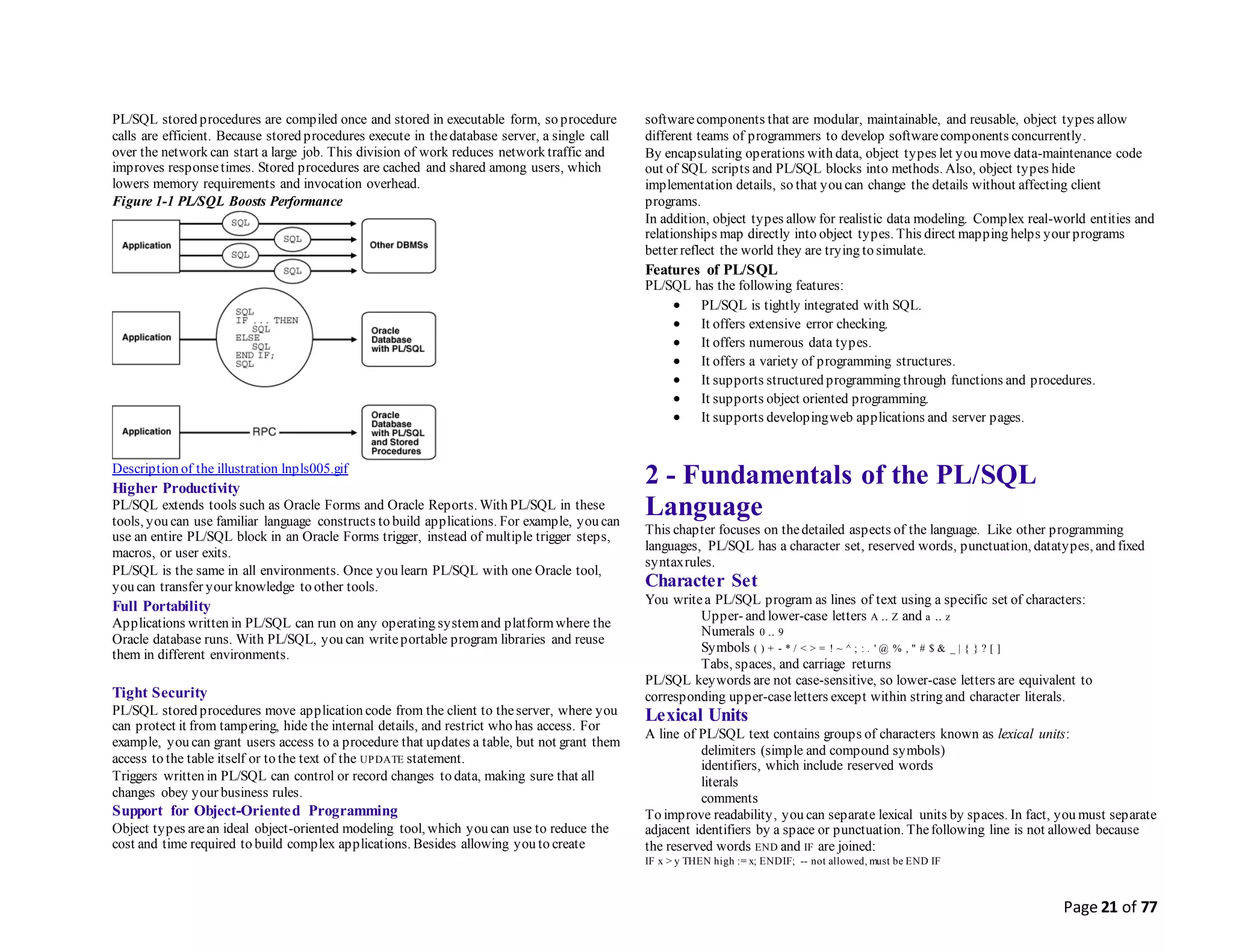 Page 21 of 77
PL/SQL stored procedures are compiled once and stored in executable form, so procedure
calls are efficient. Because stored procedures execute in thedatabase server, a single call
over the network can start a large job. This division of work reduces network traffic and
improves responsetimes. Stored procedures are cached and shared among users, which
lowers memory requirements and invocation overhead.
Figure 1-1 PL/SQL Boosts Performance
Description of the illustration lnpls005.gif
Higher Productivity
PL/SQL extends tools such as Oracle Forms and Oracle Reports. With PL/SQL in these
tools, you can use familiar language constructs to build applications. For example, you can
use an entire PL/SQL block in an Oracle Forms trigger, instead of multiple trigger steps,
macros, or user exits.
PL/SQL is the same in all environments. Once you learn PL/SQL with one Oracle tool,
you can transfer your knowledge to other tools.
Full Portability
Applications written in PL/SQL can run on any operating systemand platformwhere the
Oracle database runs. With PL/SQL, you can writeportable program libraries and reuse
them in different environments.
Tight Security
PL/SQL stored procedures move application code from the client to theserver, where you
can protect it from tampering, hide the internal details, and restrict who has access. For
example, you can grant users access to a procedure that updates a table, but not grant them
access to the table itself or to the text of the UPDATE statement.
Triggers written in PL/SQL can control or record changes to data, making sure that all
changes obey your business rules.
Support for Object-Oriented Programming
Object types arean ideal object-oriented modeling tool, which you can use to reduce the
cost and time required to build complex applications. Besides allowing you to create
softwarecomponents that are modular, maintainable, and reusable, object types allow
different teams of programmers to develop softwarecomponents concurrently.
By encapsulating operations with data, object types let you move data-maintenance code
out of SQL scripts and PL/SQL blocks into methods. Also, object types hide
implementation details, so that you can change the details without affecting client
programs.
In addition, object types allow for realistic data modeling. Complex real-world entities and
relationships map directly into object types. This direct mapping helps your programs
better reflect the world they are trying to simulate.
Features of PL/SQL
PL/SQL has the following features:
 PL/SQL is tightly integrated with SQL.
 It offers extensive error checking.
 It offers numerous data types.
 It offers a variety of programming structures.
 It supports structured programming through functions and procedures.
 It supports object oriented programming.
 It supports developingweb applications and server pages.
2 - Fundamentals of the PL/SQL
Language
This chapter focuses on thedetailed aspects of the language. Like other programming
languages, PL/SQL has a character set, reserved words, punctuation, datatypes, and fixed
syntaxrules.
Character Set
You writea PL/SQL program as lines of text using a specific set of characters:
Upper- and lower-case letters A .. Z and a .. z
Numerals 0 .. 9
Symbols ( ) + - * / < > = ! ~ ^ ; : . ' @ % , " # $ & _ | { } ? [ ]
Tabs, spaces, and carriage returns
PL/SQL keywords are not case-sensitive, so lower-case letters are equivalent to
corresponding upper-caseletters except within string and character literals.
Lexical Units
A line of PL/SQL text contains groups of characters known as lexical units:
delimiters (simple and compound symbols)
identifiers, which include reserved words
literals
comments
To improve readability, you can separate lexical units by spaces. In fact, you must separate
adjacent identifiers by a space or punctuation. Thefollowing line is not allowed because
the reserved words END and IF are joined:
IF x > y THEN high := x; ENDIF; -- not allowed, must be END IF
 
