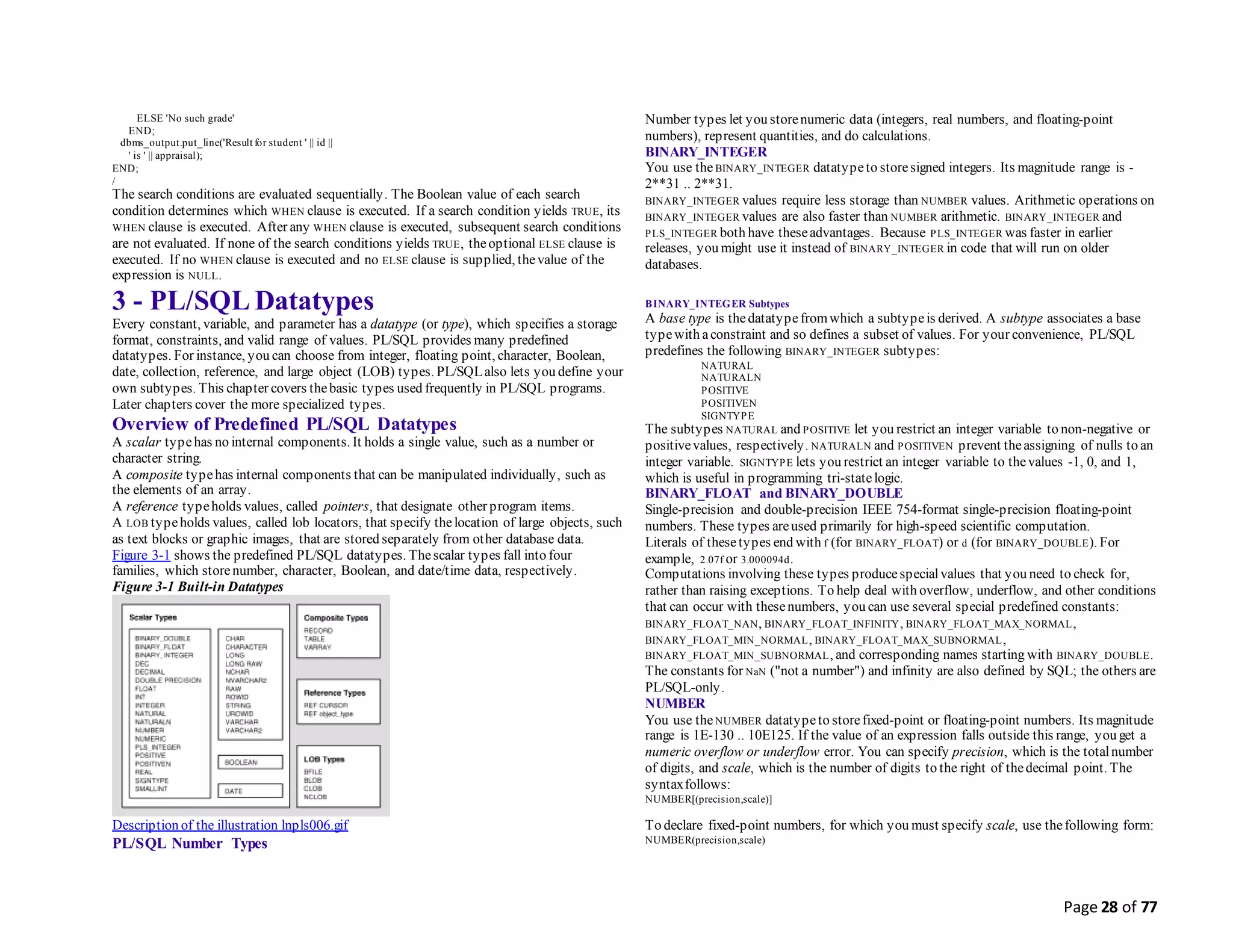 Page 28 of 77
ELSE 'No such grade'
END;
dbms_output.put_line('Result for student ' || id ||
' is ' || appraisal);
END;
/
The search conditions are evaluated sequentially. The Boolean value of each search
condition determines which WHEN clause is executed. If a search condition yields TRUE, its
WHEN clause is executed. After any WHEN clause is executed, subsequent search conditions
are not evaluated. If none of the search conditions yields TRUE, theoptional ELSE clause is
executed. If no WHEN clause is executed and no ELSE clause is supplied, thevalue of the
expression is NULL.
3 - PL/SQL Datatypes
Every constant, variable, and parameter has a datatype (or type), which specifies a storage
format, constraints, and valid range of values. PL/SQL provides many predefined
datatypes. For instance, you can choose from integer, floating point, character, Boolean,
date, collection, reference, and large object (LOB) types. PL/SQLalso lets you define your
own subtypes. This chapter covers thebasic types used frequently in PL/SQL programs.
Later chapters cover the more specialized types.
Overview of Predefined PL/SQL Datatypes
A scalar typehas no internal components. It holds a single value, such as a number or
character string.
A composite typehas internal components that can be manipulated individually, such as
the elements of an array.
A reference typeholds values, called pointers, that designate other program items.
A LOB typeholds values, called lob locators, that specify thelocation of large objects, such
as text blocks or graphic images, that are stored separately from other database data.
Figure 3-1 shows the predefined PL/SQL datatypes. Thescalar types fall into four
families, which storenumber, character, Boolean, and date/time data, respectively.
Figure 3-1 Built-in Datatypes
Description of the illustration lnpls006.gif
PL/SQL Number Types
Number types let you storenumeric data (integers, real numbers, and floating-point
numbers), represent quantities, and do calculations.
BINARY_INTEGER
You use theBINARY_INTEGER datatypeto storesigned integers. Its magnitude range is -
2**31 .. 2**31.
BINARY_INTEGER values require less storage than NUMBER values. Arithmetic operations on
BINARY_INTEGER values are also faster than NUMBER arithmetic. BINARY_INTEGER and
PLS_INTEGER both have theseadvantages. Because PLS_INTEGER was faster in earlier
releases, you might use it instead of BINARY_INTEGER in code that will run on older
databases.
BINARY_INTEGER Subtypes
A base type is thedatatypefromwhich a subtypeis derived. A subtype associates a base
typewith aconstraint and so defines a subset of values. For your convenience, PL/SQL
predefines the following BINARY_INTEGER subtypes:
NATURAL
NATURALN
POSITIVE
POSITIVEN
SIGNTYPE
The subtypes NATURAL and POSITIVE let you restrict an integer variable to non-negative or
positivevalues, respectively. NATURALN and POSITIVEN prevent theassigning of nulls to an
integer variable. SIGNTYPE lets you restrict an integer variable to thevalues -1, 0, and 1,
which is useful in programming tri-statelogic.
BINARY_FLOAT and BINARY_DOUBLE
Single-precision and double-precision IEEE 754-format single-precision floating-point
numbers. These types areused primarily for high-speed scientific computation.
Literals of thesetypes end with f (for BINARY_FLOAT) or d (for BINARY_DOUBLE). For
example, 2.07f or 3.000094d.
Computations involving these types producespecialvalues that you need to check for,
rather than raising exceptions. To help deal with overflow, underflow, and other conditions
that can occur with thesenumbers, you can use several special predefined constants:
BINARY_FLOAT_NAN, BINARY_FLOAT_INFINITY, BINARY_FLOAT_MAX_NORMAL,
BINARY_FLOAT_MIN_NORMAL, BINARY_FLOAT_MAX_SUBNORMAL,
BINARY_FLOAT_MIN_SUBNORMAL, and corresponding names starting with BINARY_DOUBLE.
The constants for NaN ("not a number") and infinity are also defined by SQL; the others are
PL/SQL-only.
NUMBER
You use theNUMBER datatypeto storefixed-point or floating-point numbers. Its magnitude
range is 1E-130 .. 10E125. If the value of an expression falls outside this range, you get a
numeric overflow or underflow error. You can specify precision, which is the totalnumber
of digits, and scale, which is the number of digits to the right of thedecimal point. The
syntaxfollows:
NUMBER[(precision,scale)]
To declare fixed-point numbers, for which you must specify scale, use thefollowing form:
NUMBER(precision,scale)
 