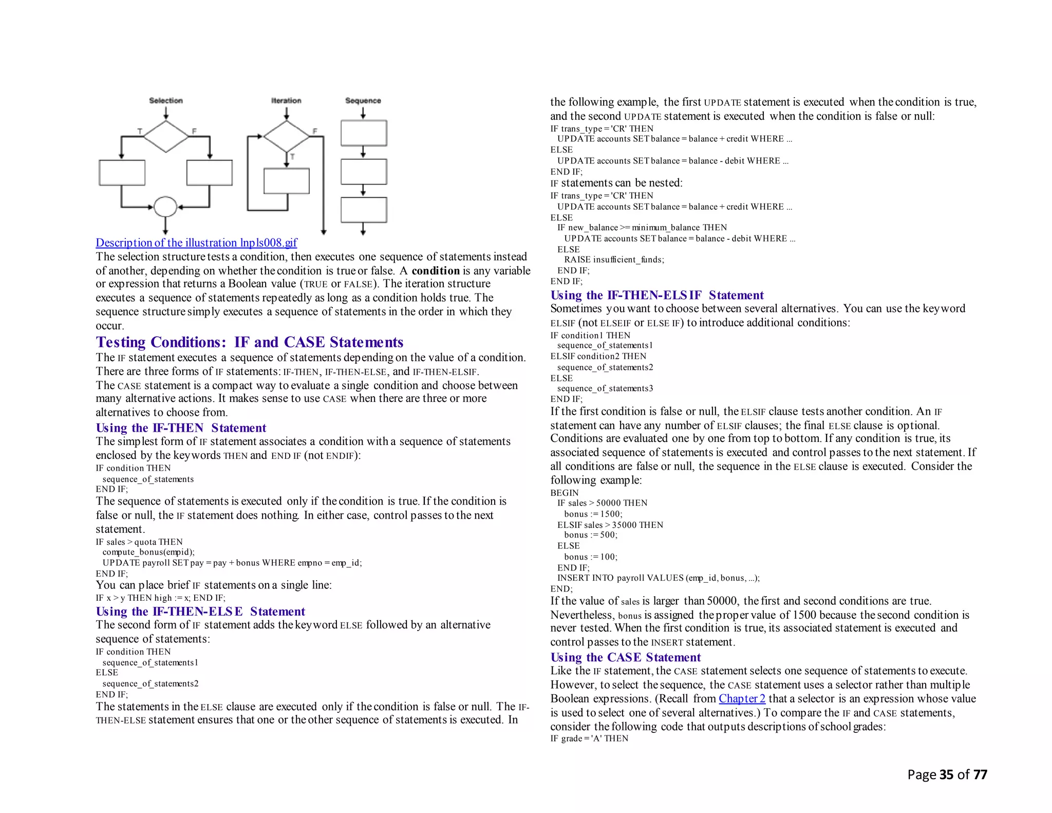 Page 35 of 77
Description of the illustration lnpls008.gif
The selection structuretests a condition, then executes one sequence of statements instead
of another, depending on whether thecondition is trueor false. A condition is any variable
or expression that returns a Boolean value (TRUE or FALSE). The iteration structure
executes a sequence of statements repeatedly as long as a condition holds true. The
sequence structuresimply executes a sequence of statements in the order in which they
occur.
Testing Conditions: IF and CASE Statements
The IF statement executes a sequence of statements depending on the value of a condition.
There are three forms of IF statements:IF-THEN, IF-THEN-ELSE, and IF-THEN-ELSIF.
The CASE statement is a compact way to evaluate a single condition and choose between
many alternative actions. It makes sense to use CASE when there are three or more
alternatives to choose from.
Using the IF-THEN Statement
The simplest form of IF statement associates a condition with a sequence of statements
enclosed by the keywords THEN and END IF (not ENDIF):
IF condition THEN
sequence_of_statements
END IF;
The sequence of statements is executed only if thecondition is true. If the condition is
false or null, the IF statement does nothing. In either case, control passes to the next
statement.
IF sales > quota THEN
compute_bonus(empid);
UPDATE payroll SET pay = pay + bonus WHERE empno = emp_id;
END IF;
You can place brief IF statements on a single line:
IF x > y THEN high := x; END IF;
Using the IF-THEN-ELSE Statement
The second form of IF statement adds thekeyword ELSE followed by an alternative
sequence of statements:
IF condition THEN
sequence_of_statements1
ELSE
sequence_of_statements2
END IF;
The statements in the ELSE clause are executed only if thecondition is false or null. The IF-
THEN-ELSE statement ensures that one or theother sequence of statements is executed. In
the following example, the first UPDATE statement is executed when thecondition is true,
and the second UPDATE statement is executed when the condition is false or null:
IF trans_type = 'CR' THEN
UPDATE accounts SET balance = balance + credit WHERE ...
ELSE
UPDATE accounts SET balance = balance - debit WHERE ...
END IF;
IF statements can be nested:
IF trans_type = 'CR' THEN
UPDATE accounts SET balance = balance + credit WHERE ...
ELSE
IF new_balance >= minimum_balance THEN
UPDATE accounts SET balance = balance - debit WHERE ...
ELSE
RAISE insufficient_funds;
END IF;
END IF;
Using the IF-THEN-ELSIF Statement
Sometimes you want to choose between several alternatives. You can use the keyword
ELSIF (not ELSEIF or ELSE IF) to introduce additional conditions:
IF condition1 THEN
sequence_of_statements1
ELSIF condition2 THEN
sequence_of_statements2
ELSE
sequence_of_statements3
END IF;
If the first condition is false or null, the ELSIF clause tests another condition. An IF
statement can have any number of ELSIF clauses; the final ELSE clause is optional.
Conditions are evaluated one by one from top to bottom. If any condition is true, its
associated sequence of statements is executed and control passes to the next statement. If
all conditions are false or null, the sequence in the ELSE clause is executed. Consider the
following example:
BEGIN
IF sales > 50000 THEN
bonus := 1500;
ELSIF sales > 35000 THEN
bonus := 500;
ELSE
bonus := 100;
END IF;
INSERT INTO payroll VALUES (emp_id, bonus, ...);
END;
If the value of sales is larger than 50000, thefirst and second conditions are true.
Nevertheless, bonus is assigned theproper value of 1500 because thesecond condition is
never tested. When the first condition is true, its associated statement is executed and
control passes to the INSERT statement.
Using the CASE Statement
Like the IF statement, the CASE statement selects one sequence of statements to execute.
However, to select thesequence, the CASE statement uses a selector rather than multiple
Boolean expressions. (Recall from Chapter 2 that a selector is an expression whose value
is used to select one of several alternatives.) To compare the IF and CASE statements,
consider thefollowing code that outputs descriptions of schoolgrades:
IF grade = 'A' THEN
 