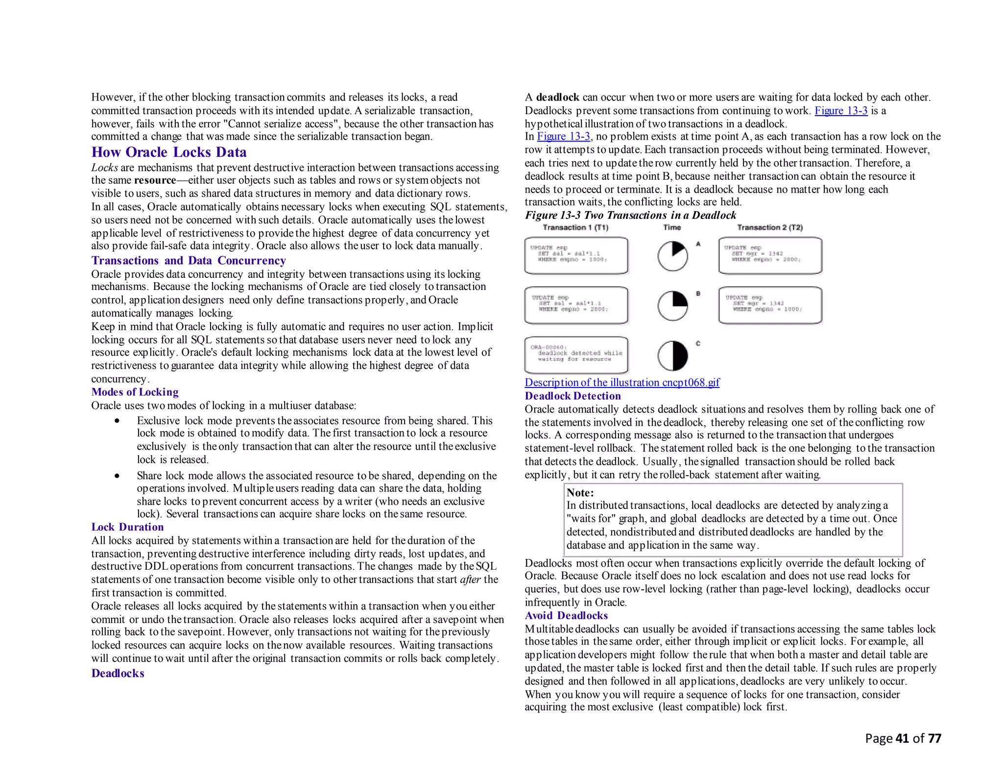 Page 41 of 77
However, if the other blocking transaction commits and releases its locks, a read
committed transaction proceeds with its intended update. A serializable transaction,
however, fails with the error "Cannot serialize access", because the other transaction has
committed a change that was made since the serializable transaction began.
How Oracle Locks Data
Locks are mechanisms that prevent destructive interaction between transactions accessing
the same resource—either user objects such as tables and rows or systemobjects not
visible to users, such as shared data structures in memory and data dictionary rows.
In all cases, Oracle automatically obtains necessary locks when executing SQL statements,
so users need not be concerned with such details. Oracle automatically uses thelowest
applicable level of restrictiveness to providethe highest degree of data concurrency yet
also provide fail-safe data integrity. Oracle also allows theuser to lock data manually.
Transactions and Data Concurrency
Oracle provides data concurrency and integrity between transactions using its locking
mechanisms. Because the locking mechanisms of Oracle are tied closely to transaction
control, application designers need only define transactions properly, and Oracle
automatically manages locking.
Keep in mind that Oracle locking is fully automatic and requires no user action. Implicit
locking occurs for all SQL statements so that database users never need to lock any
resource explicitly. Oracle's default locking mechanisms lock data at the lowest level of
restrictiveness to guarantee data integrity while allowing the highest degree of data
concurrency.
Modes of Locking
Oracle uses two modes of locking in a multiuser database:
 Exclusive lock mode prevents theassociates resource from being shared. This
lock mode is obtained to modify data. Thefirst transaction to lock a resource
exclusively is theonly transaction that can alter the resource until theexclusive
lock is released.
 Share lock mode allows the associated resource to be shared, depending on the
operations involved. Multipleusers reading data can share the data, holding
share locks to prevent concurrent access by a writer (who needs an exclusive
lock). Several transactions can acquire share locks on thesame resource.
Lock Duration
All locks acquired by statements within a transaction are held for theduration of the
transaction, preventing destructive interference including dirty reads, lost updates, and
destructive DDLoperations from concurrent transactions. The changes made by theSQL
statements of one transaction become visible only to other transactions that start after the
first transaction is committed.
Oracle releases all locks acquired by the statements within a transaction when you either
commit or undo thetransaction. Oracle also releases locks acquired after a savepoint when
rolling back to the savepoint. However, only transactions not waiting for thepreviously
locked resources can acquire locks on thenow available resources. Waiting transactions
will continue to wait until after the original transaction commits or rolls back completely.
Deadlocks
A deadlock can occur when two or more users are waiting for data locked by each other.
Deadlocks prevent some transactions from continuing to work. Figure 13-3 is a
hypotheticalillustration of two transactions in a deadlock.
In Figure 13-3, no problem exists at time point A, as each transaction has a row lock on the
row it attempts to update. Each transaction proceeds without being terminated. However,
each tries next to updatetherow currently held by the other transaction. Therefore, a
deadlock results at time point B, because neither transaction can obtain the resource it
needs to proceed or terminate. It is a deadlock because no matter how long each
transaction waits, the conflicting locks are held.
Figure 13-3 Two Transactions in a Deadlock
Description of the illustration cncpt068.gif
Deadlock Detection
Oracle automatically detects deadlock situations and resolves them by rolling back one of
the statements involved in thedeadlock, thereby releasing one set of theconflicting row
locks. A corresponding message also is returned to the transaction that undergoes
statement-level rollback. Thestatement rolled back is the one belonging to the transaction
that detects the deadlock. Usually, thesignalled transaction should be rolled back
explicitly, but it can retry therolled-back statement after waiting.
Note:
In distributed transactions, local deadlocks are detected by analyzing a
"waits for" graph, and global deadlocks are detected by a time out. Once
detected, nondistributed and distributed deadlocks are handled by the
database and application in the same way.
Deadlocks most often occur when transactions explicitly override the default locking of
Oracle. Because Oracle itself does no lock escalation and does not use read locks for
queries, but does use row-level locking (rather than page-level locking), deadlocks occur
infrequently in Oracle.
Avoid Deadlocks
Multitabledeadlocks can usually be avoided if transactions accessing the same tables lock
thosetables in thesame order, either through implicit or explicit locks. For example, all
application developers might follow therule that when both a master and detail table are
updated, the master table is locked first and then the detail table. If such rules are properly
designed and then followed in all applications, deadlocks are very unlikely to occur.
When you know you will require a sequence of locks for one transaction, consider
acquiring the most exclusive (least compatible) lock first.
 